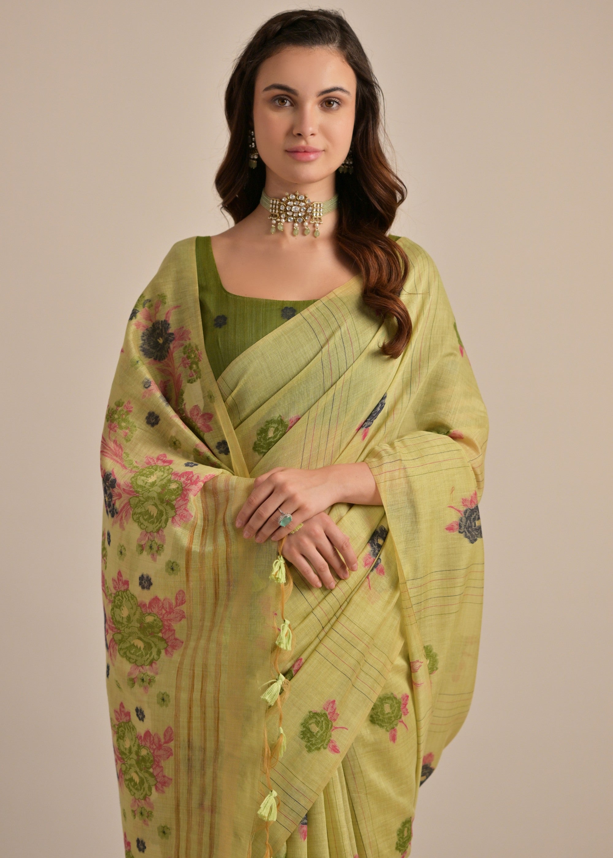 Pista Green Thread Woven Cotton Saree With Contrast Blouse - qivii