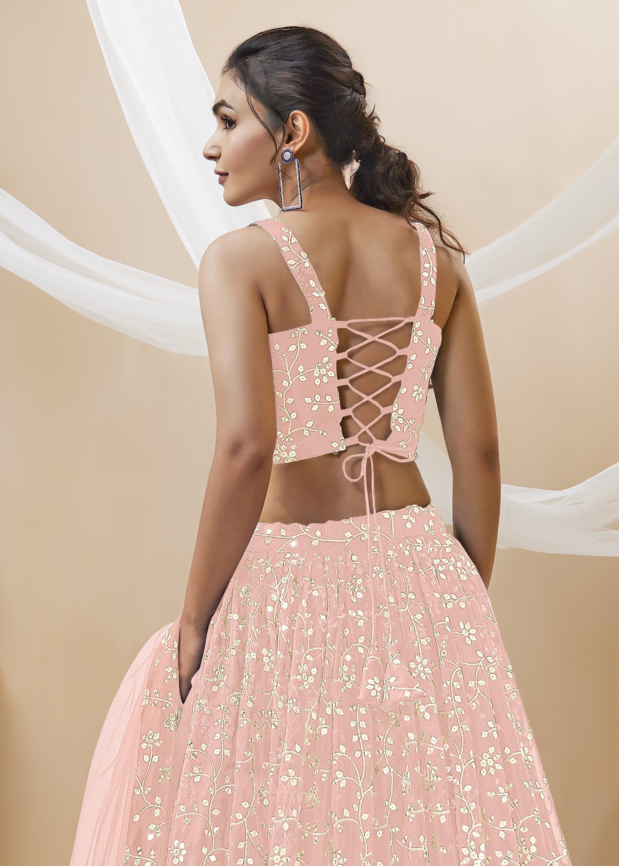 Blush Pink Georgette Lehenga Choli With Sequins Zari Embroidered Work | Ready To Wear - qivii