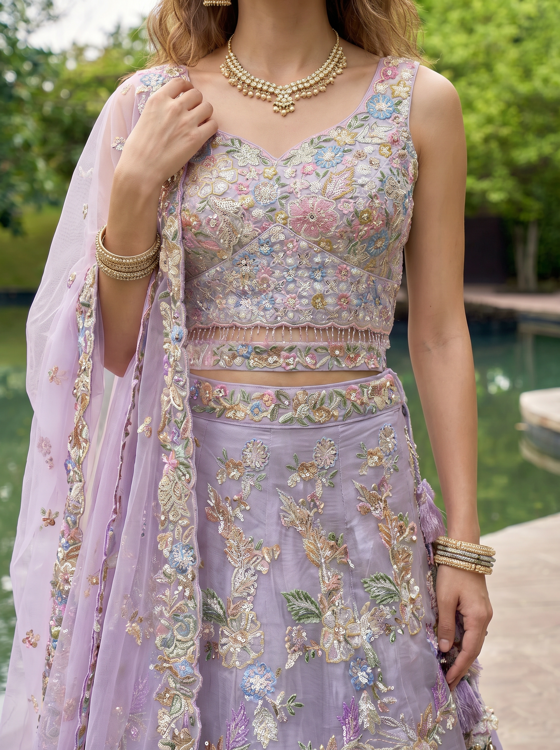 Lavender Color Organza Handwork Embroidered using Cutdana,Sequin & Thread Ready to Wear Lehenga choli