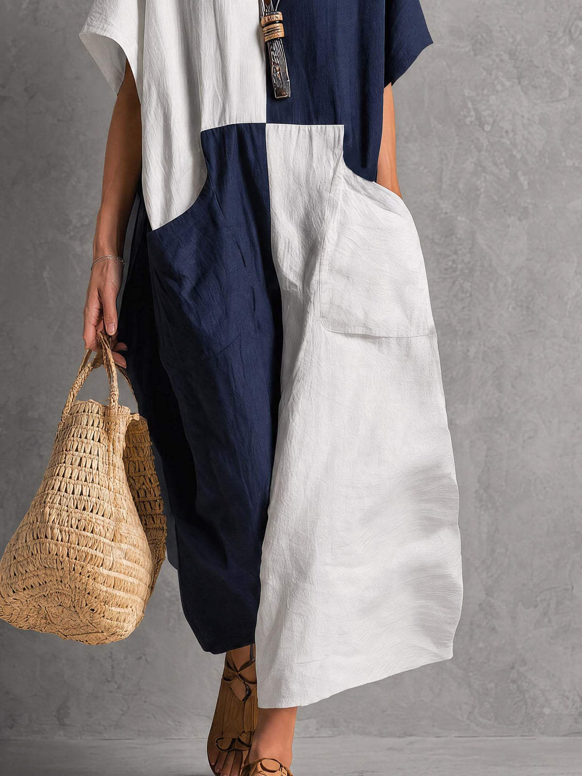 Retro White And Blue Color Blocked Cotton And Linen Short Sleeved Midi Dress - By Qivii