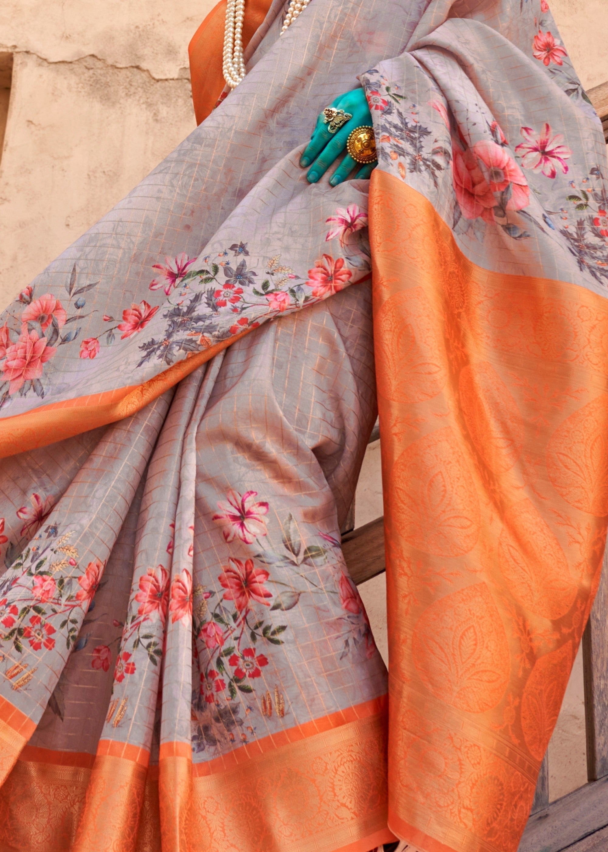 Orange and Gray Printed Handloom Georgette Saree - qivii