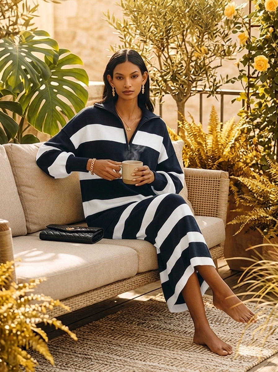 Women's Color-Block Striped Cotton-Blend Half-Zip Top & Midi Skirt Two-Piece Set MDZ2903G5ZRK