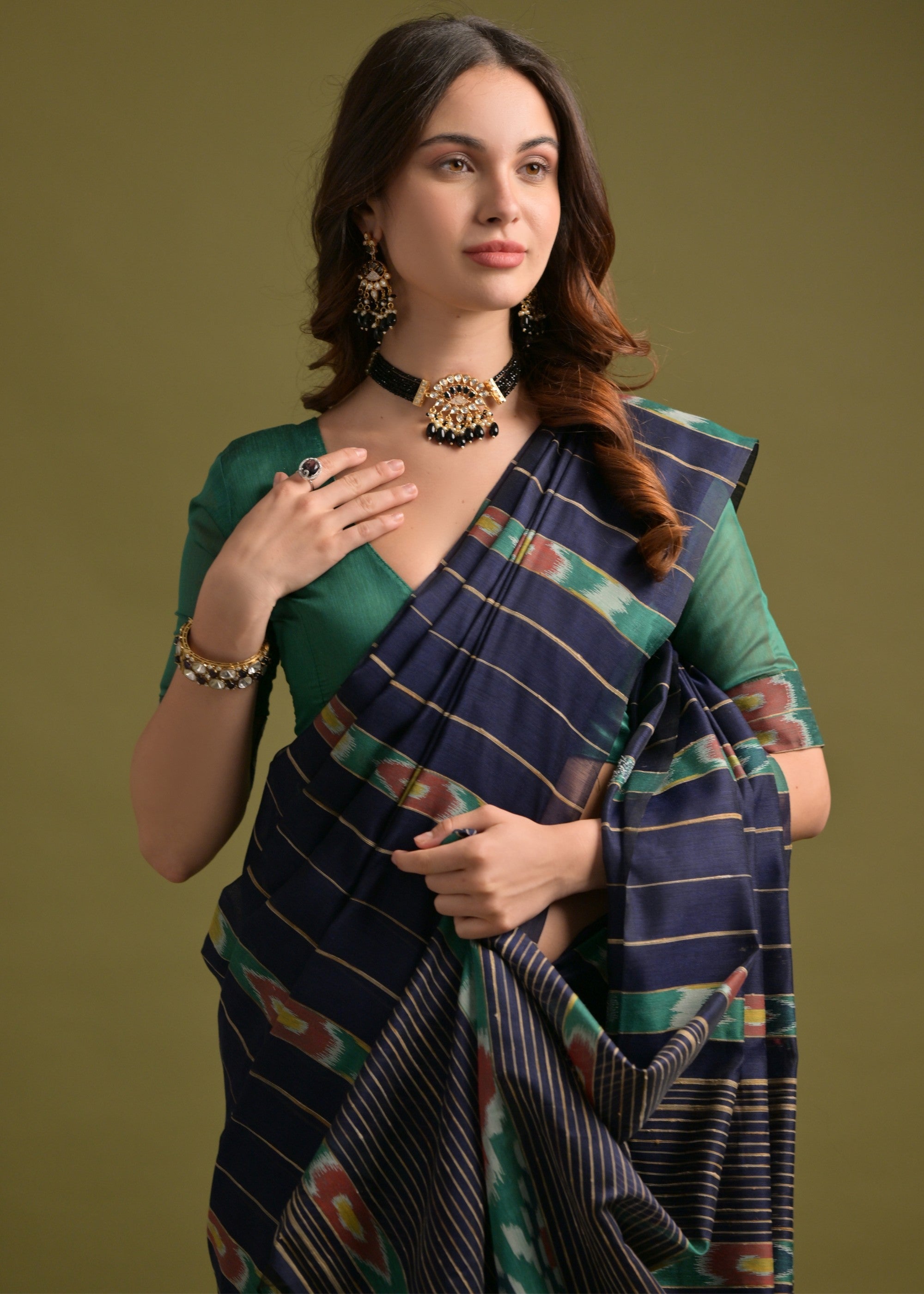 Indigo Blue Soft Ikkat Cotton Printed Saree - qivii