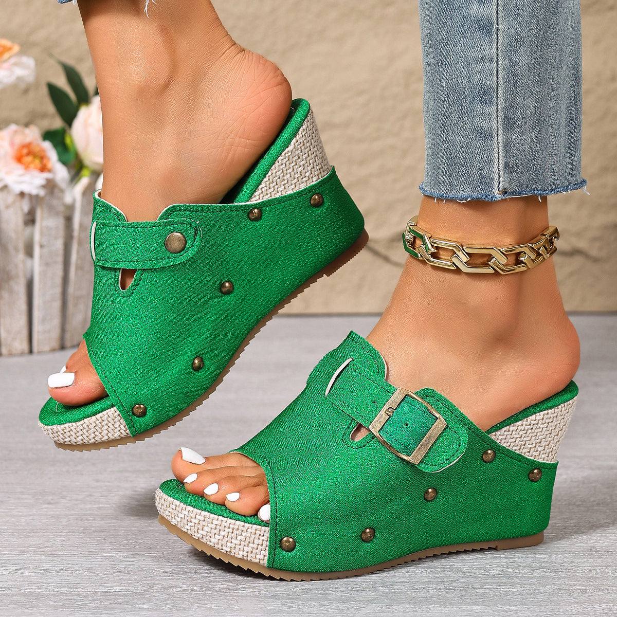 Women’s Sable Rivet Velcro Platform Wedge Sandals – Chunky Studded Slides with Adjustable Strap (US 4–10.5)