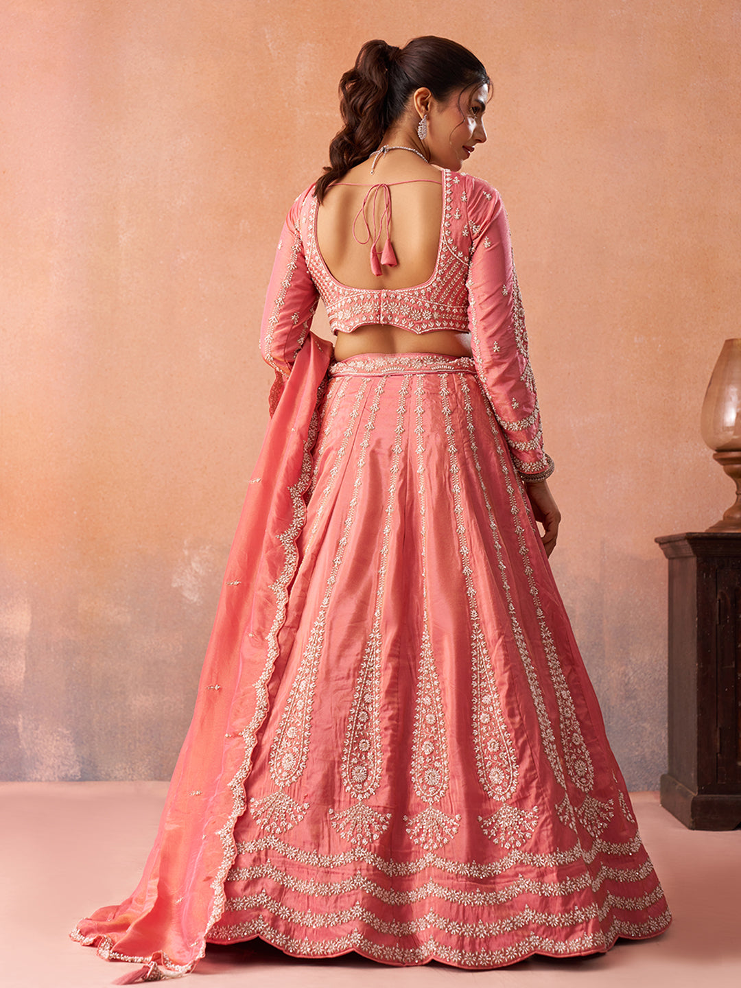 Peach Tissue Beads & Sequins Embroidered Lehenga Set