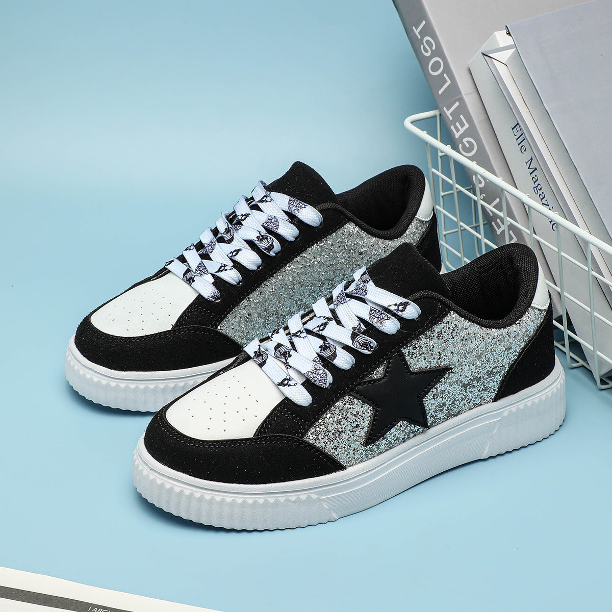 Women's Plus Size Trendy Sequins Skate Shoes - Soft Cushioned Lace-Up Casual Sneakers for Unisex Couples, Outdoor & School Streetwear