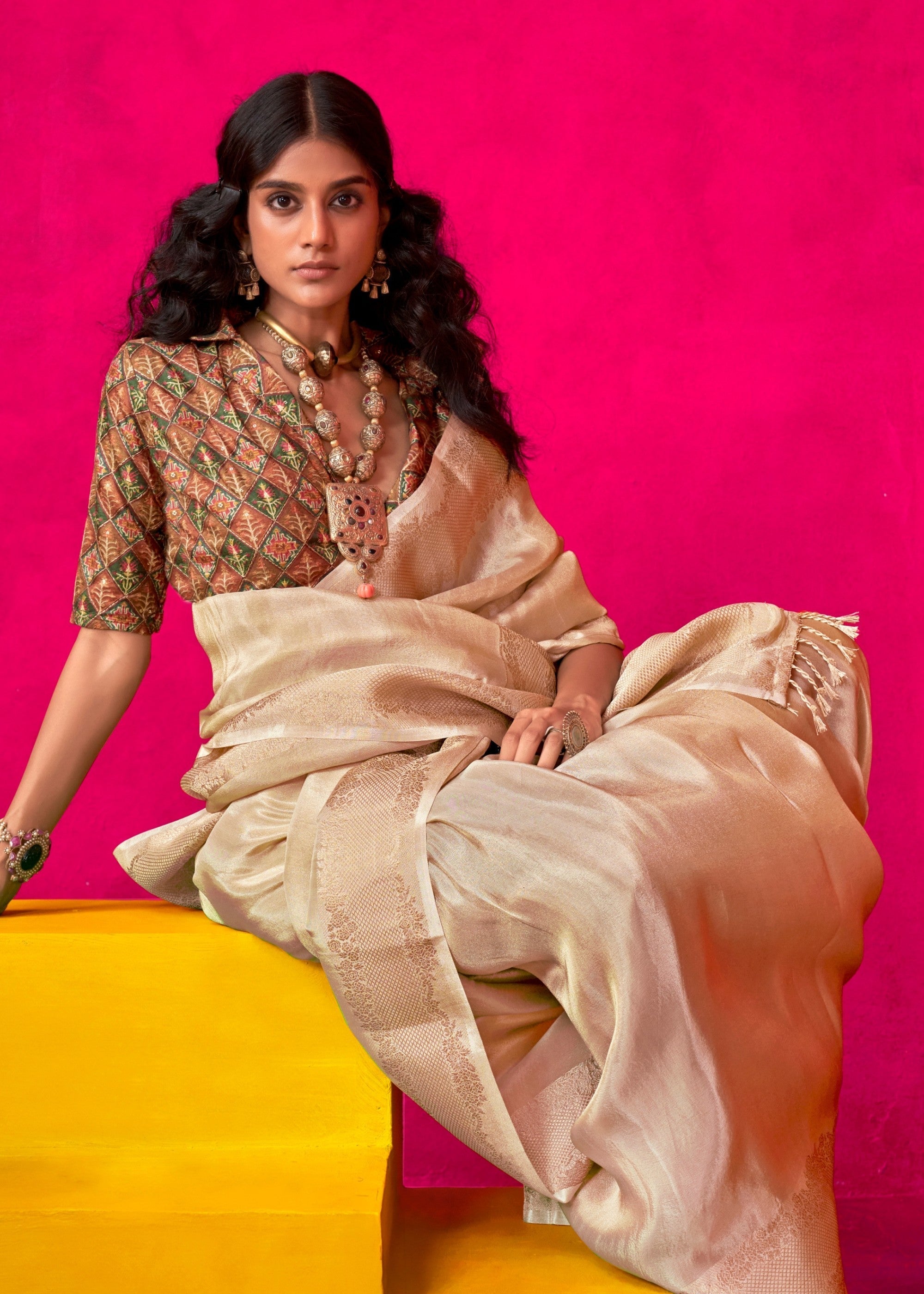 Beige Zari Tissue Silk Saree With Weaving Border - qivii