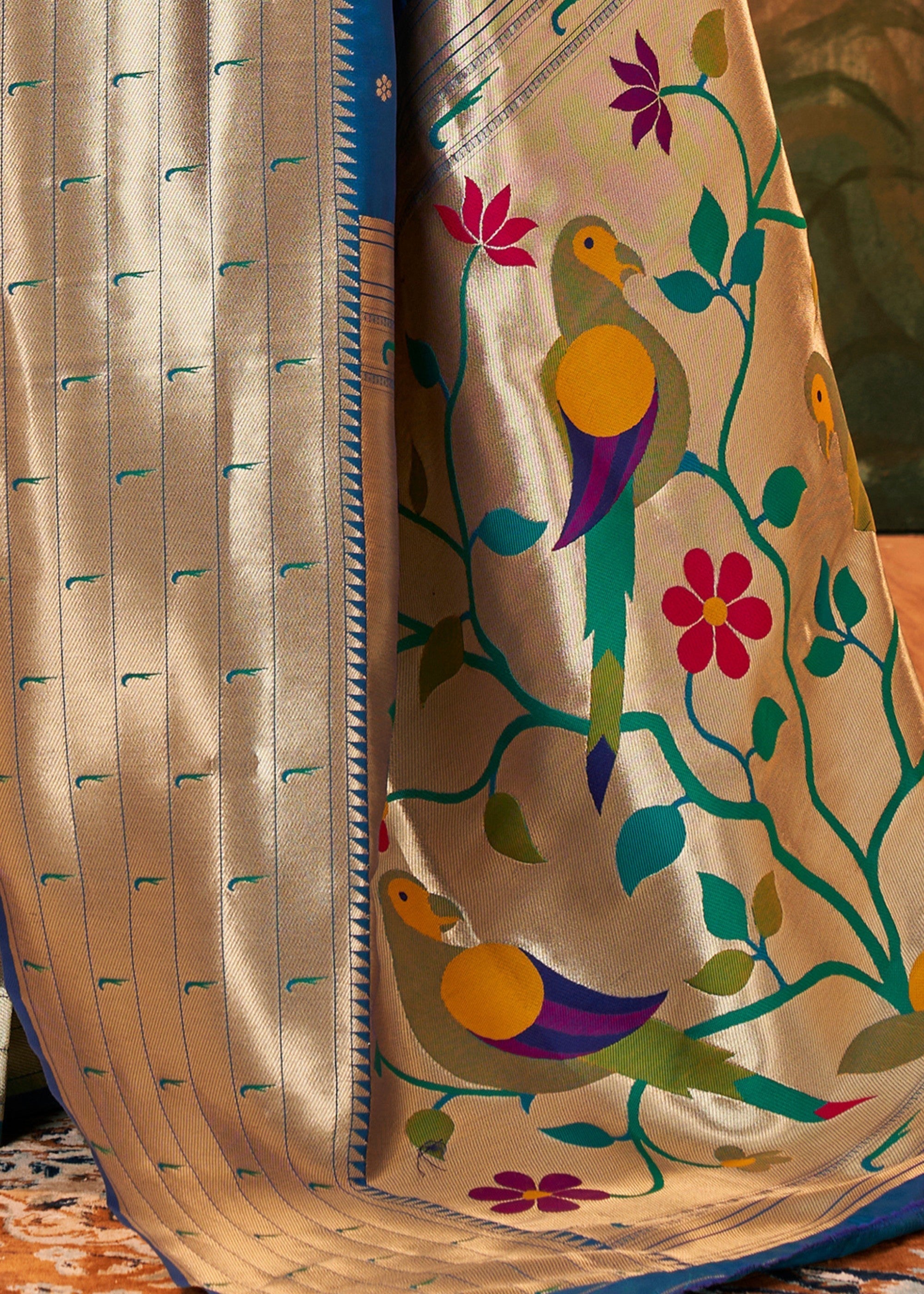 Dark Blue Paithani Silk Saree With Zari Weaving - qivii