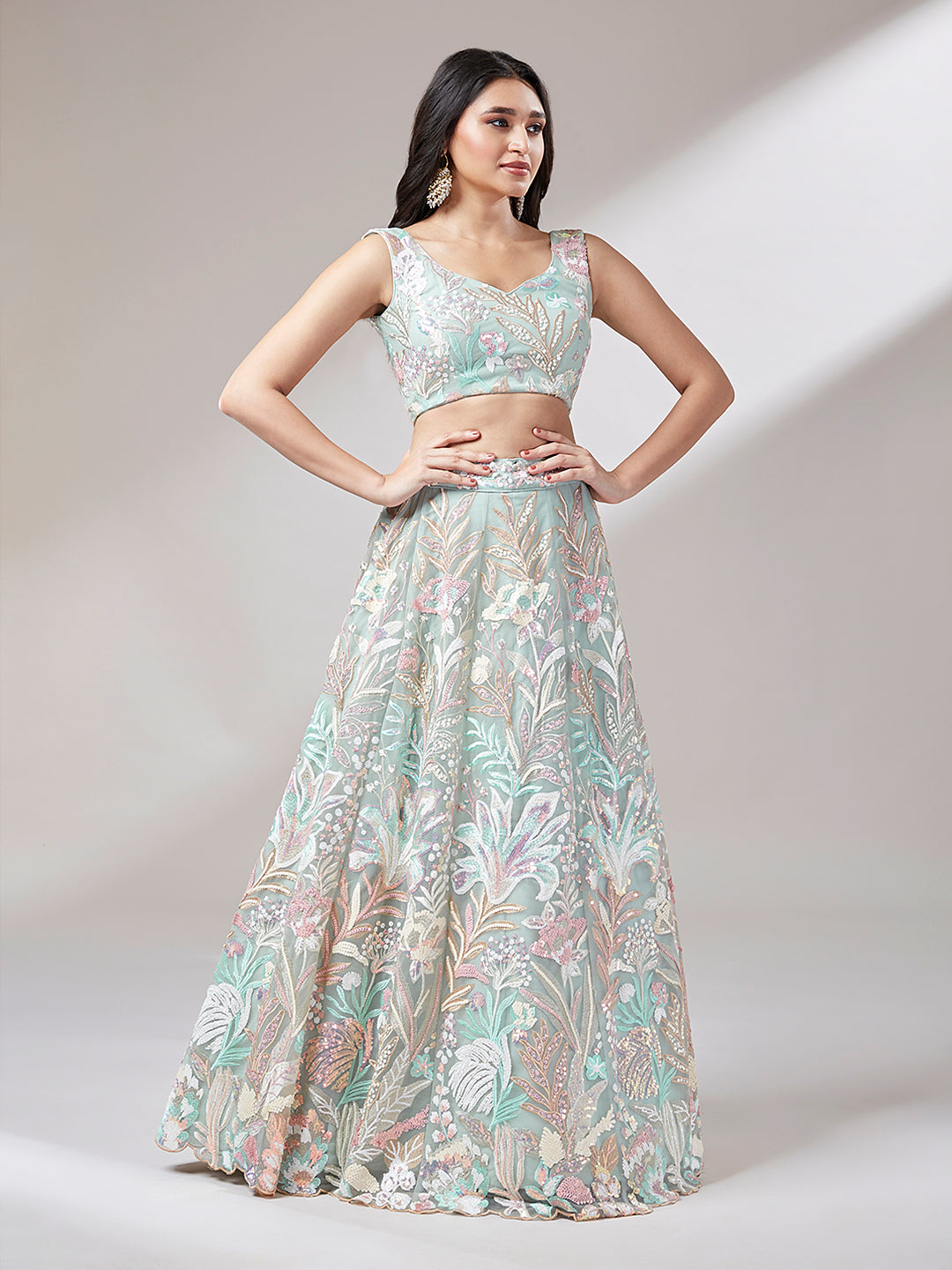 Limegreen - Net Multi-Sequins Work Semi-Stitched Lehenga - qivii