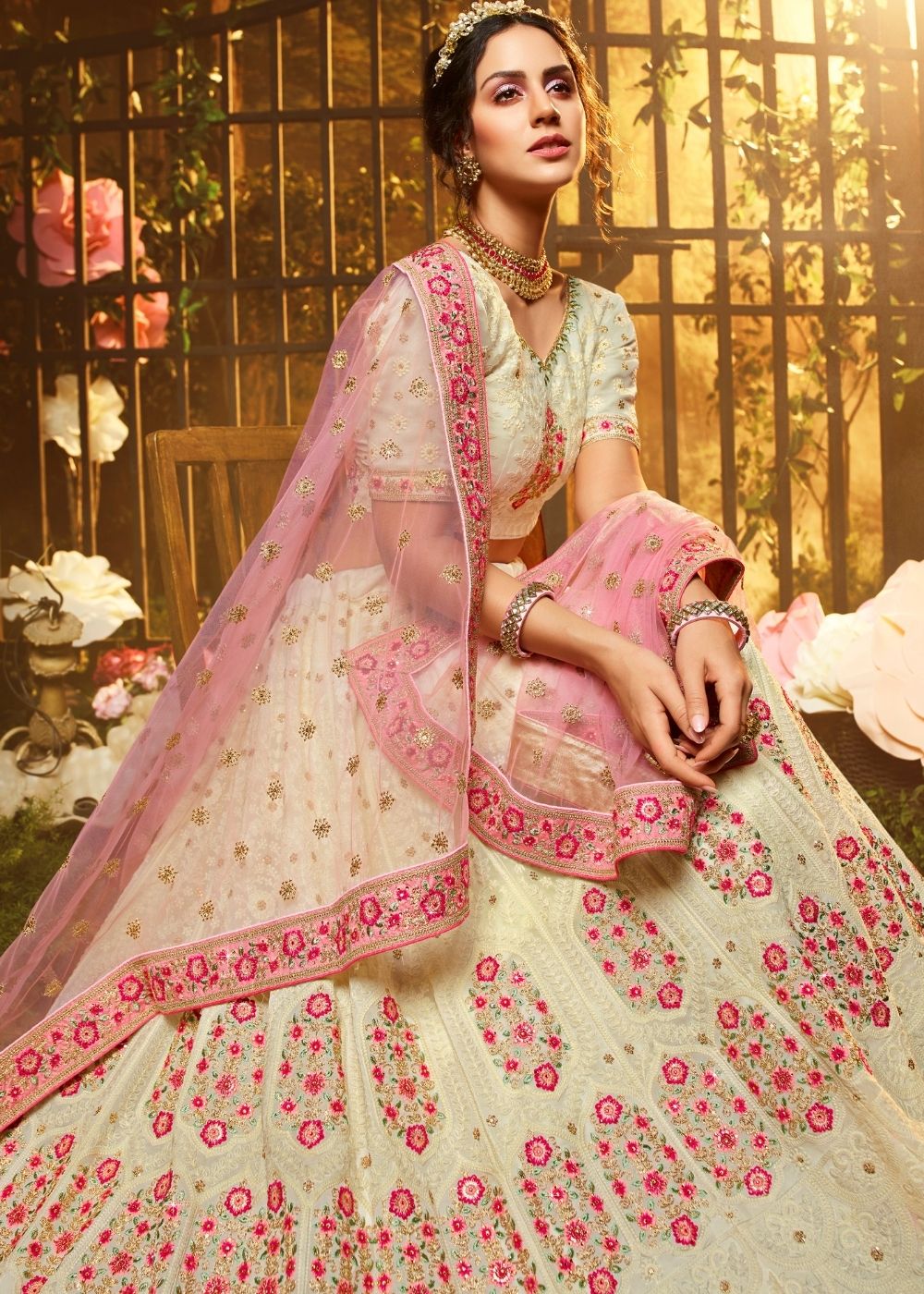 Ivory White Georgette Lehenga Choli with Thread, Zari, Sequin and Stone work | Ready To Wear - qivii