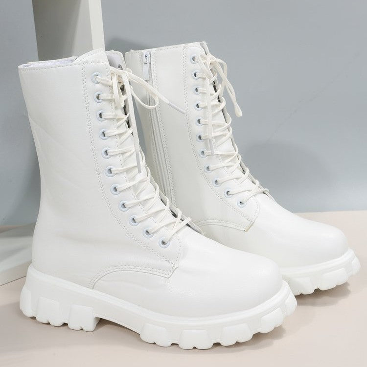 Chunky Platform Combat Boots - Lace-Up Mid Calf Boots with Side Zipper & Elastic Gore (US 4-10.5)