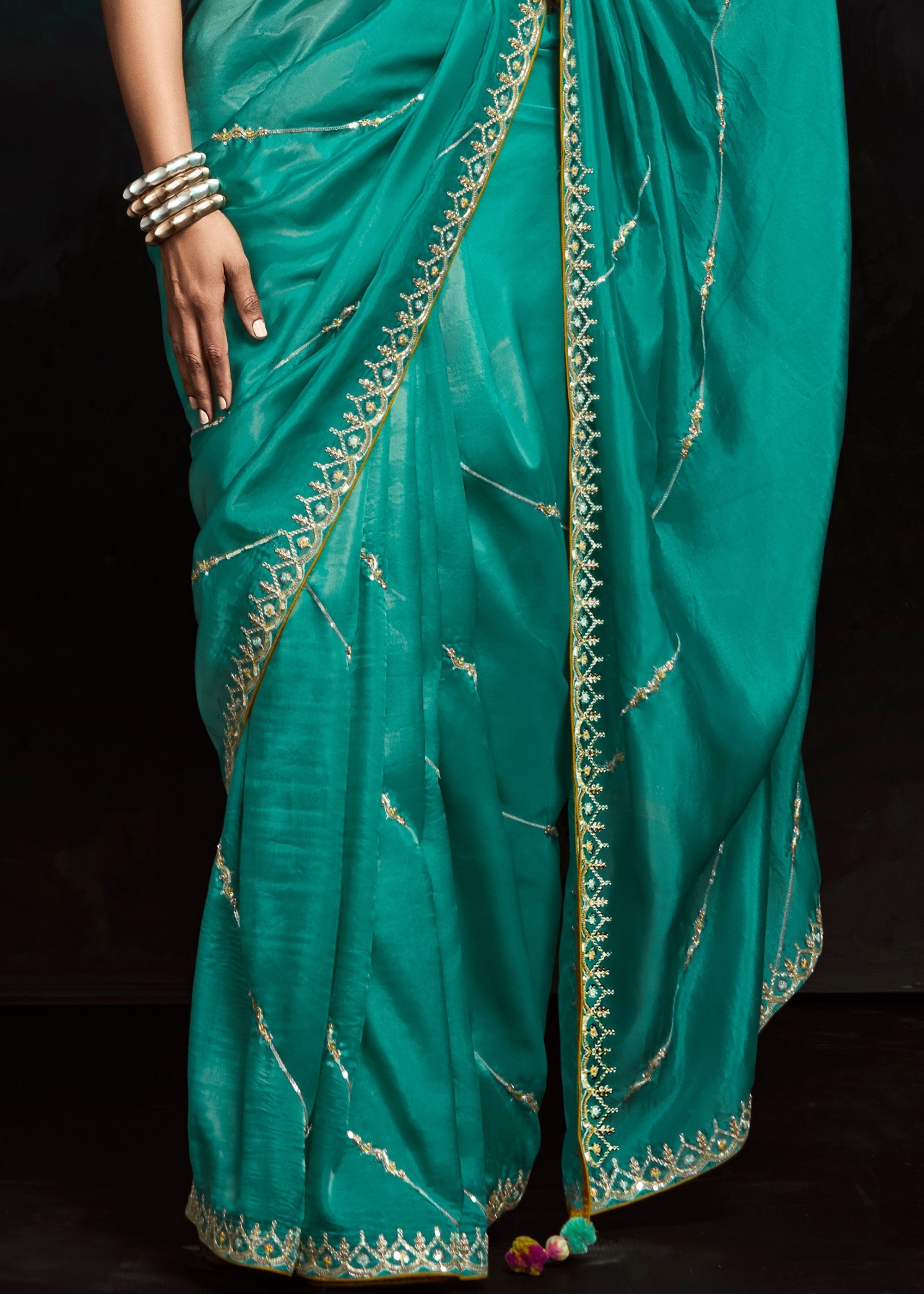 Jade Green Fancy Fabric Silk Saree With Sequins And Thread Embroidered Butti Work - qivii