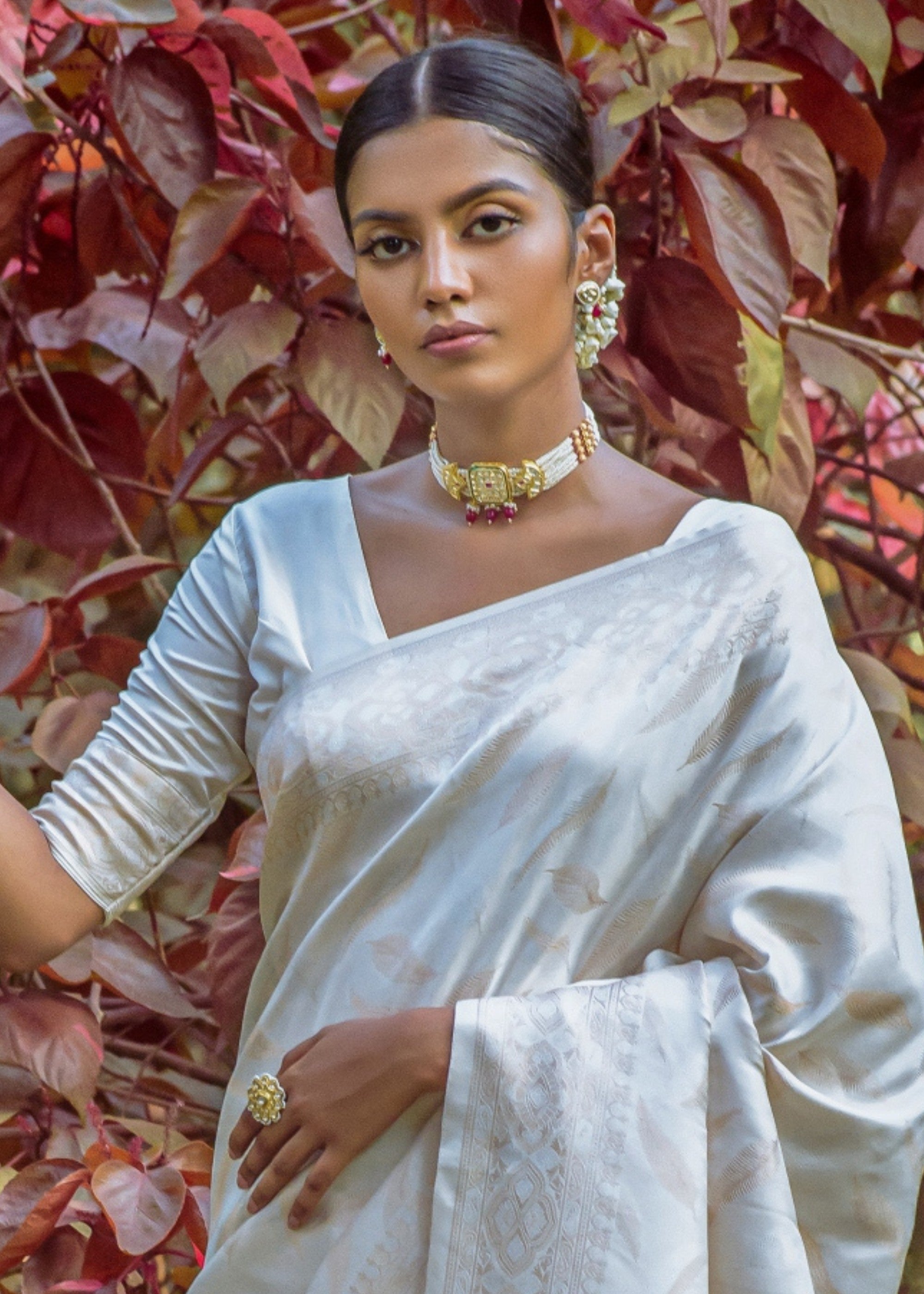 Cloud White Zari Woven Silk Saree - qivii