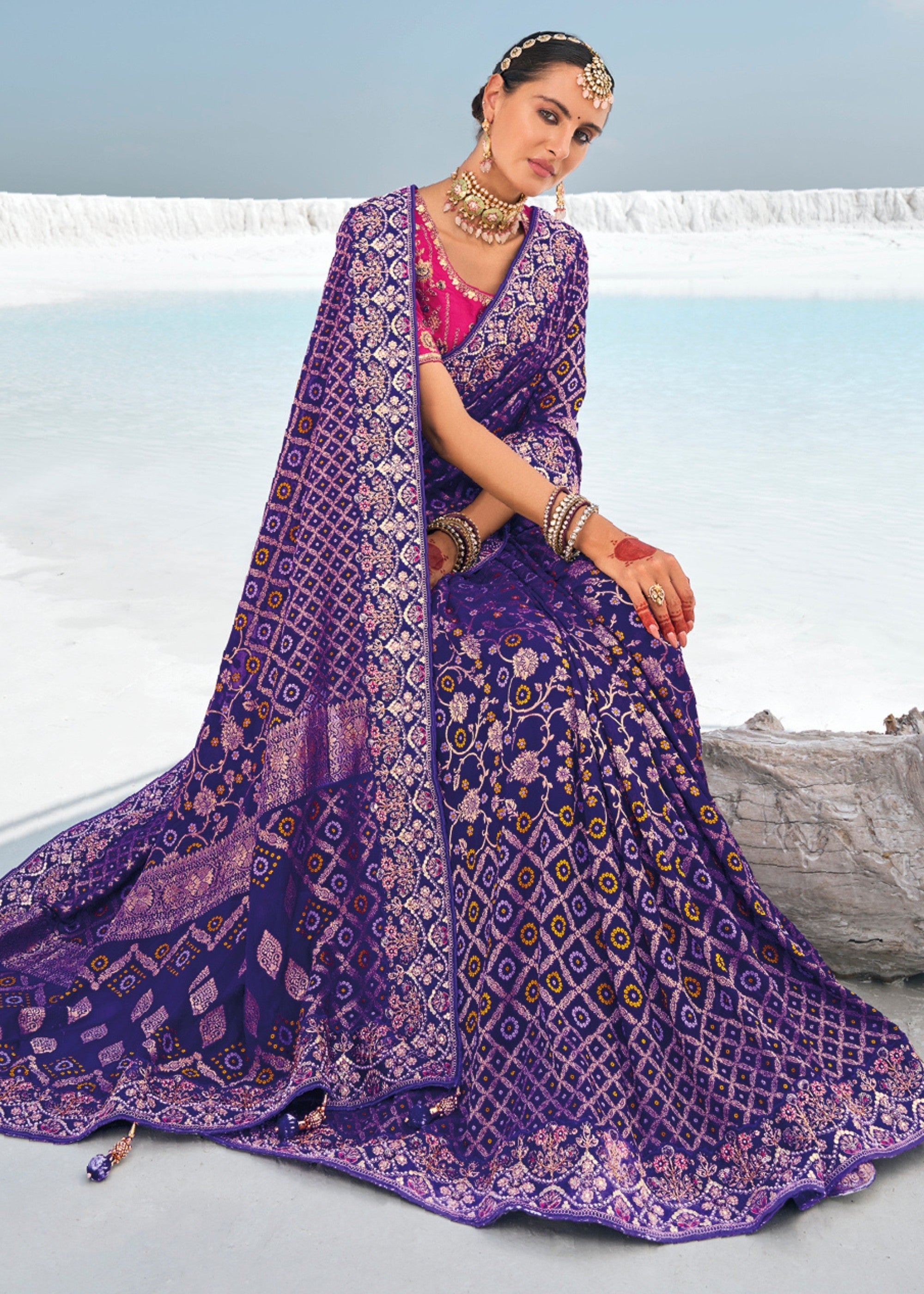 Indigo Blue Pure Georgette Bandhani Patola With Zari Weaving Heavy Work Saree - qivii