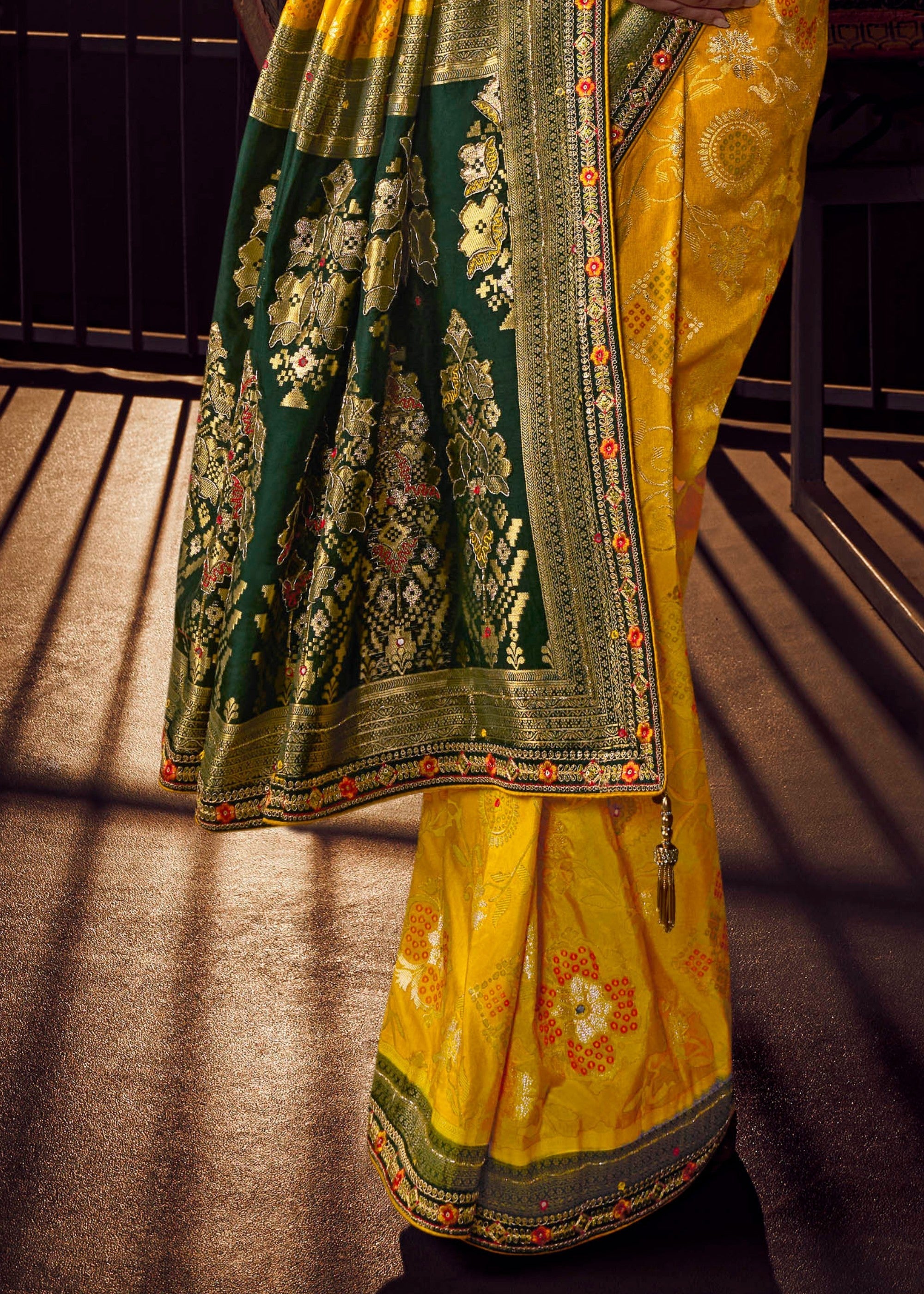 Mustard Yellow Pure Viscose Dola Silk Saree With Handwork On Blouse And Pallu - qivii