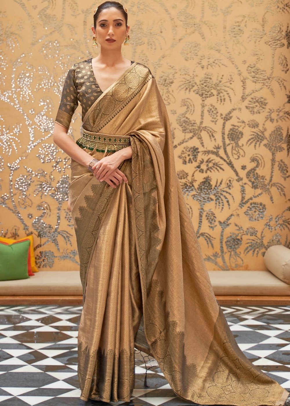 Burlywood Brown Zari Woven Kanjivaram Silk Saree - qivii