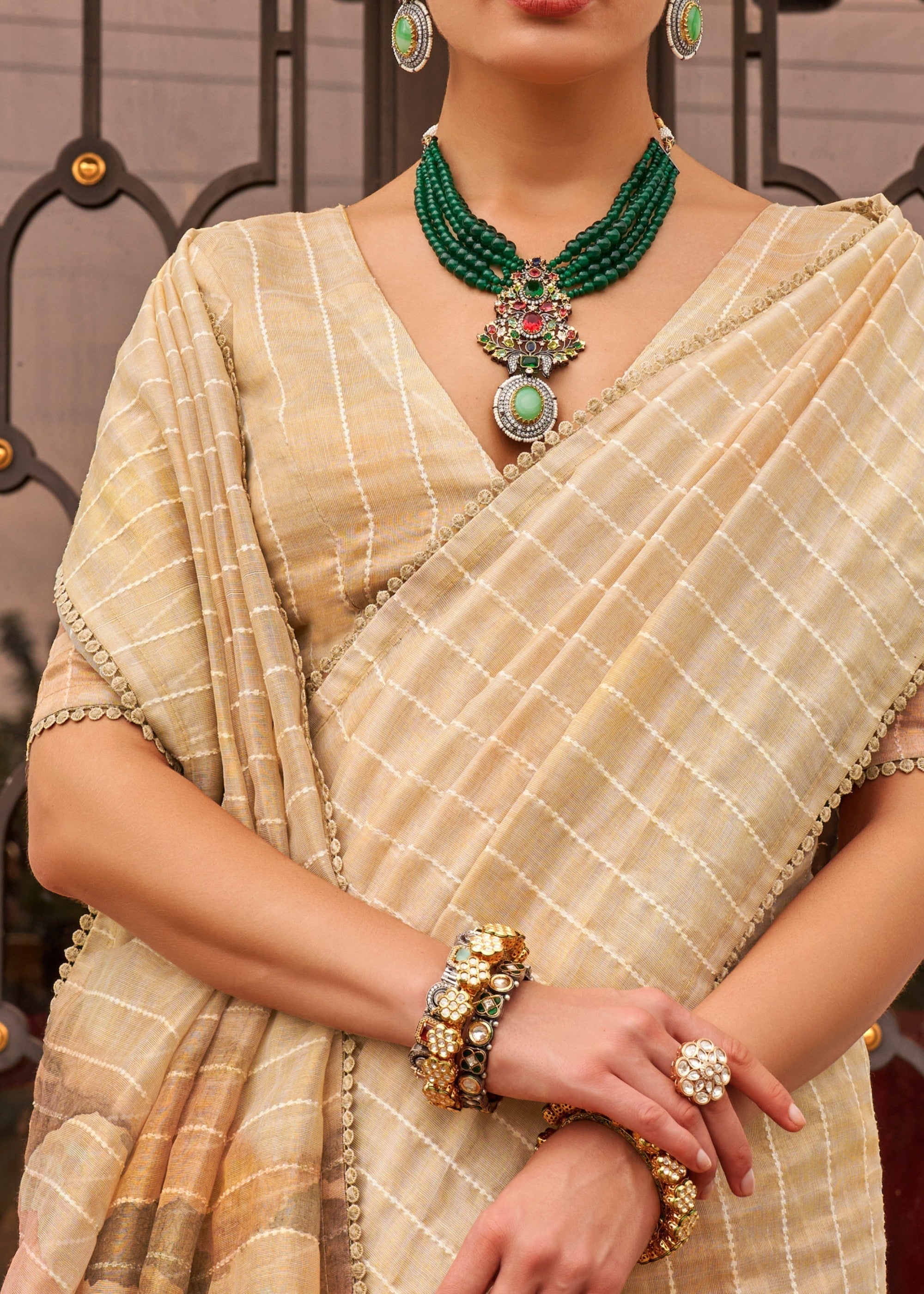 Off White Pure Tissue Silk Saree - qivii