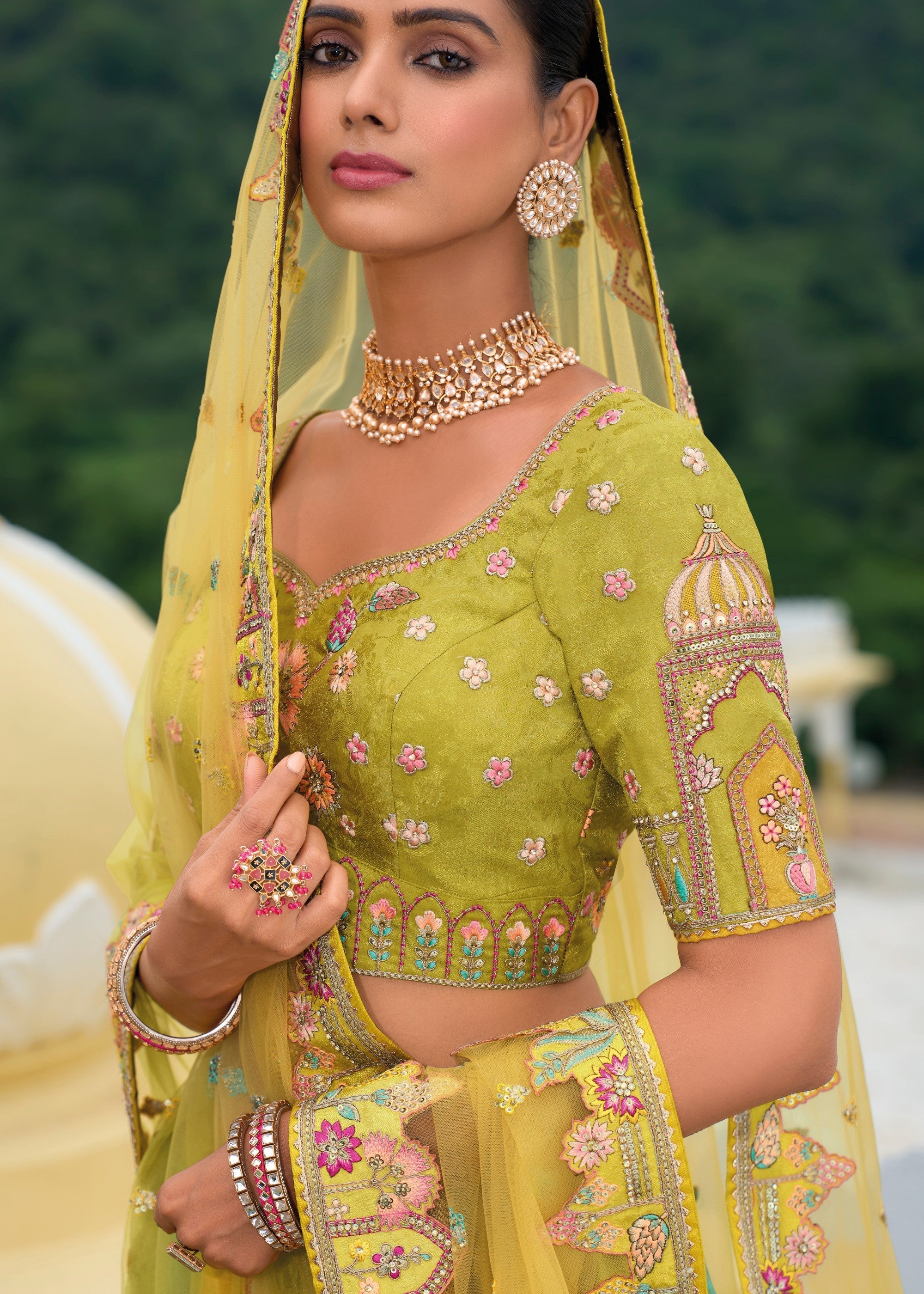 Lime Green Banarasi Silk Lehenga With Heavy Embroidery Work | Ready To Wear - qivii