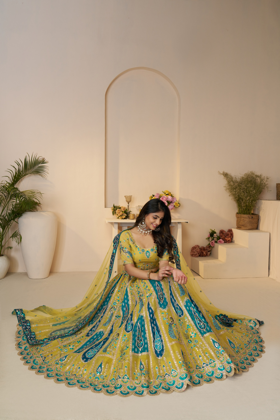 Alluring Golden Sangeet Lehenga Choli with Bel Butti Pattern - qivii