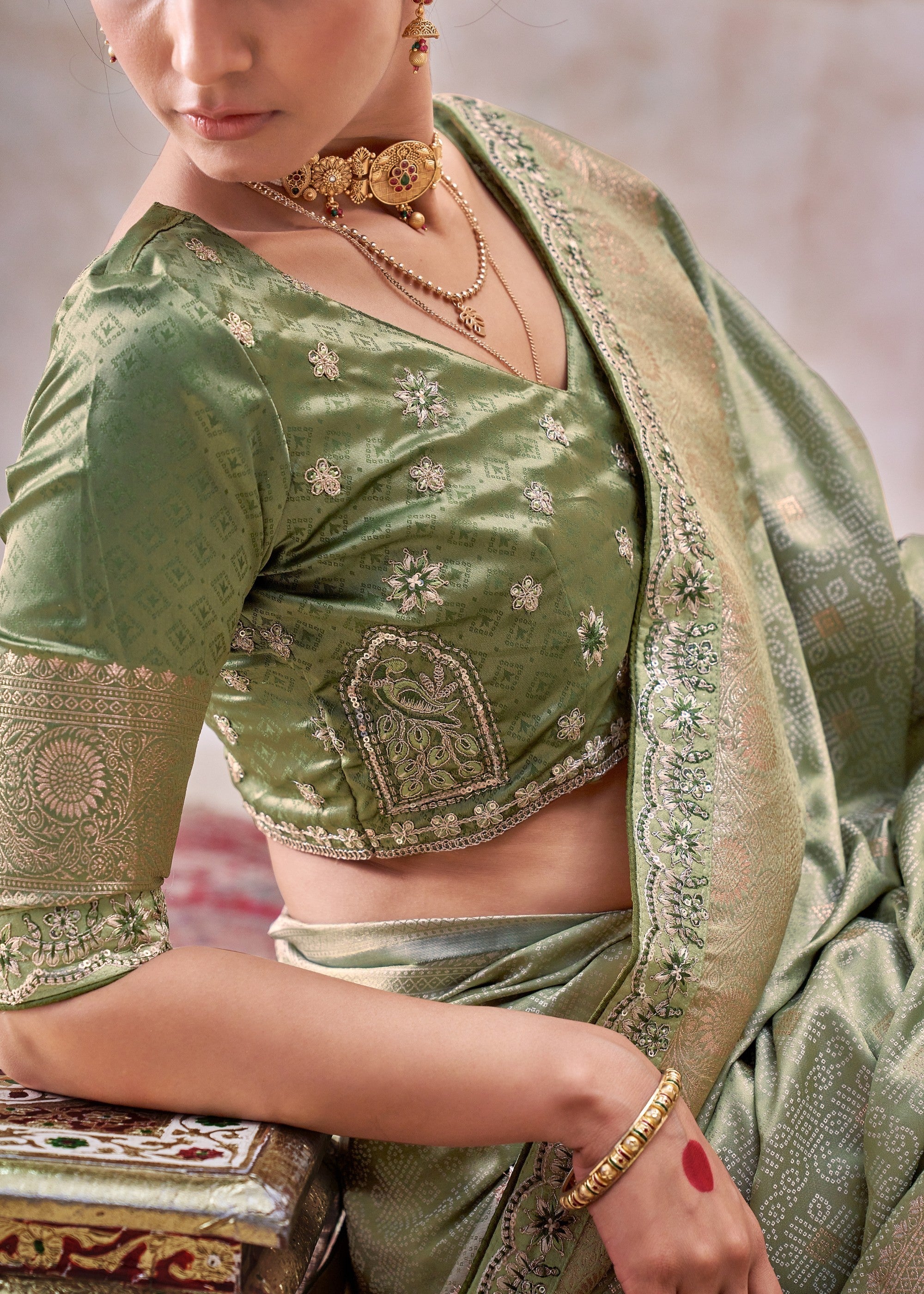 Sage Green Satin Silk Saree With Heavy Embroidery Lace & Blouse - qivii