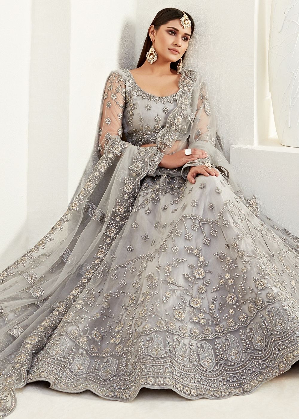 Pewter Grey Soft Net Lehenga Choli with Coding, Thread, Stonework & Badla Embroidery(Pre-order) | Ready To Wear - qivii