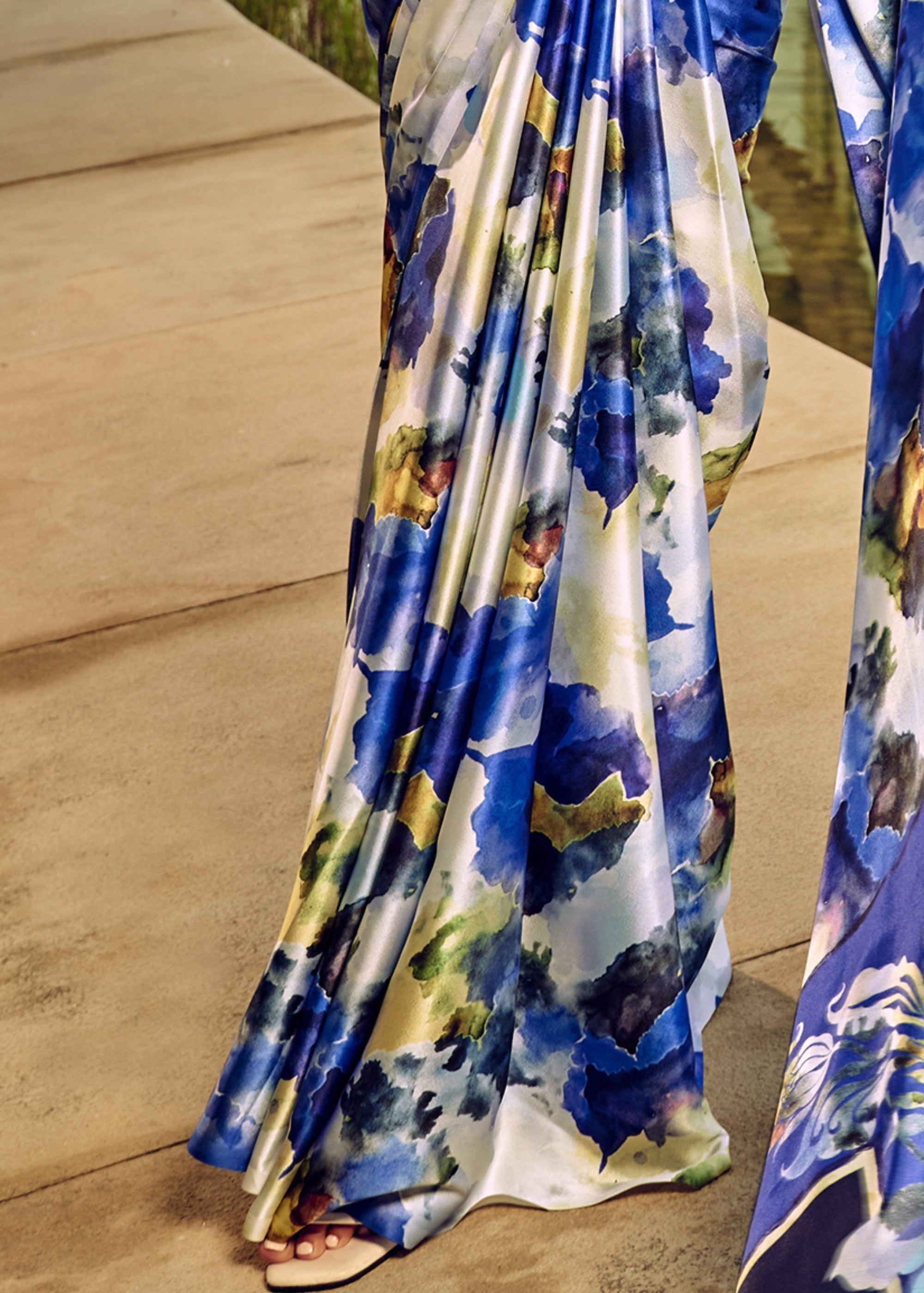 Blue Satin Digital Printed Saree - qivii