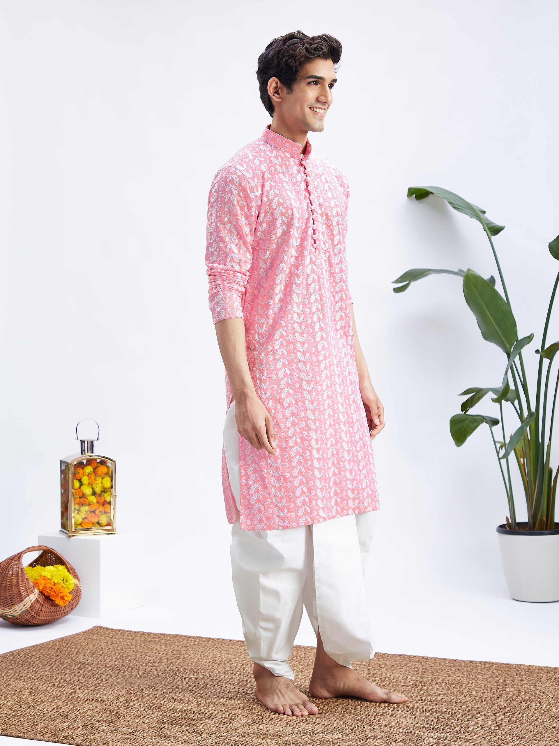 Men's Pink Pure Cotton Chikankari Kurta With Dhoti Set