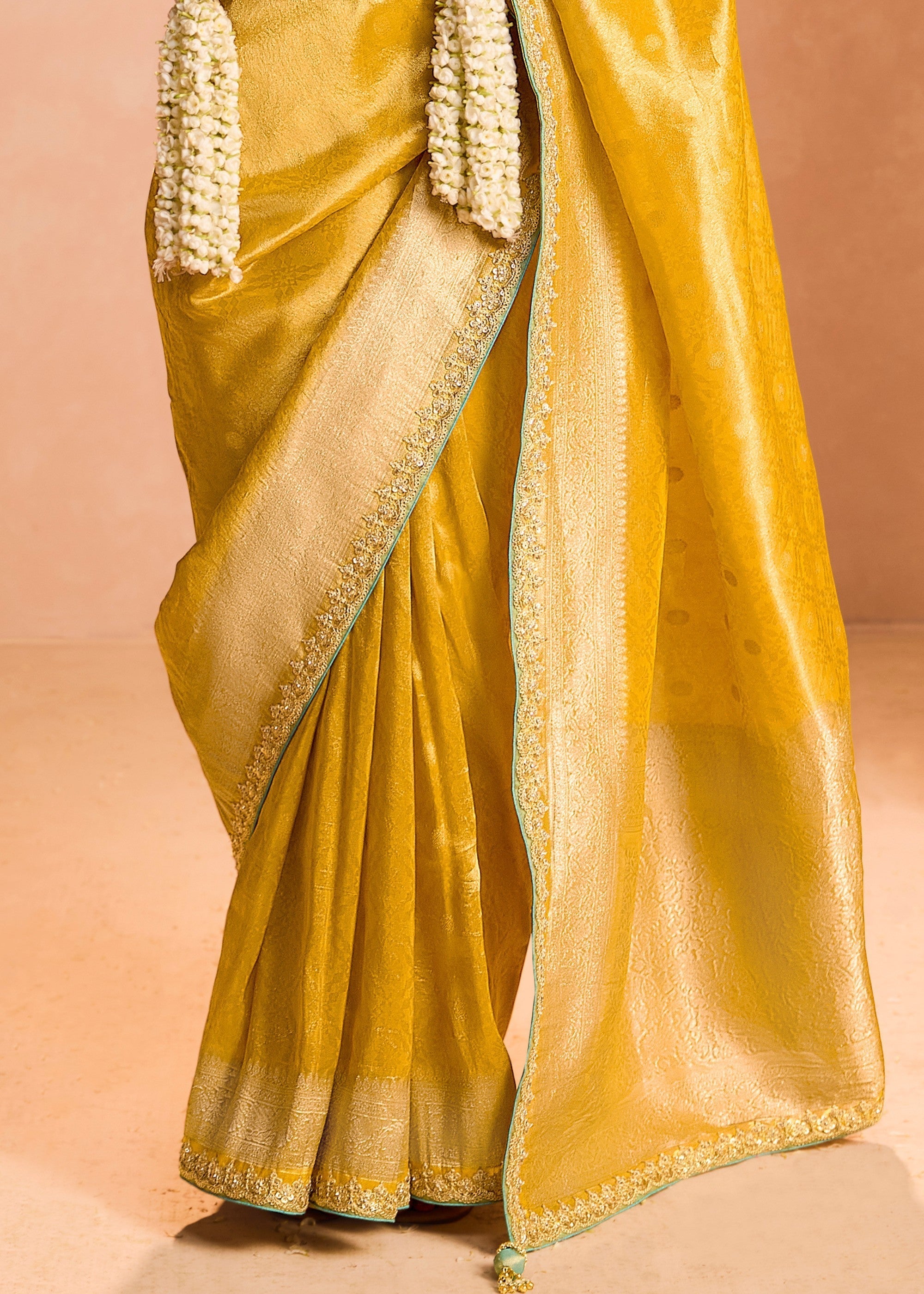 Butter Yellow Zari Tissue Silk Saree With Weaving Work And Heavy Embroidery Lace - qivii
