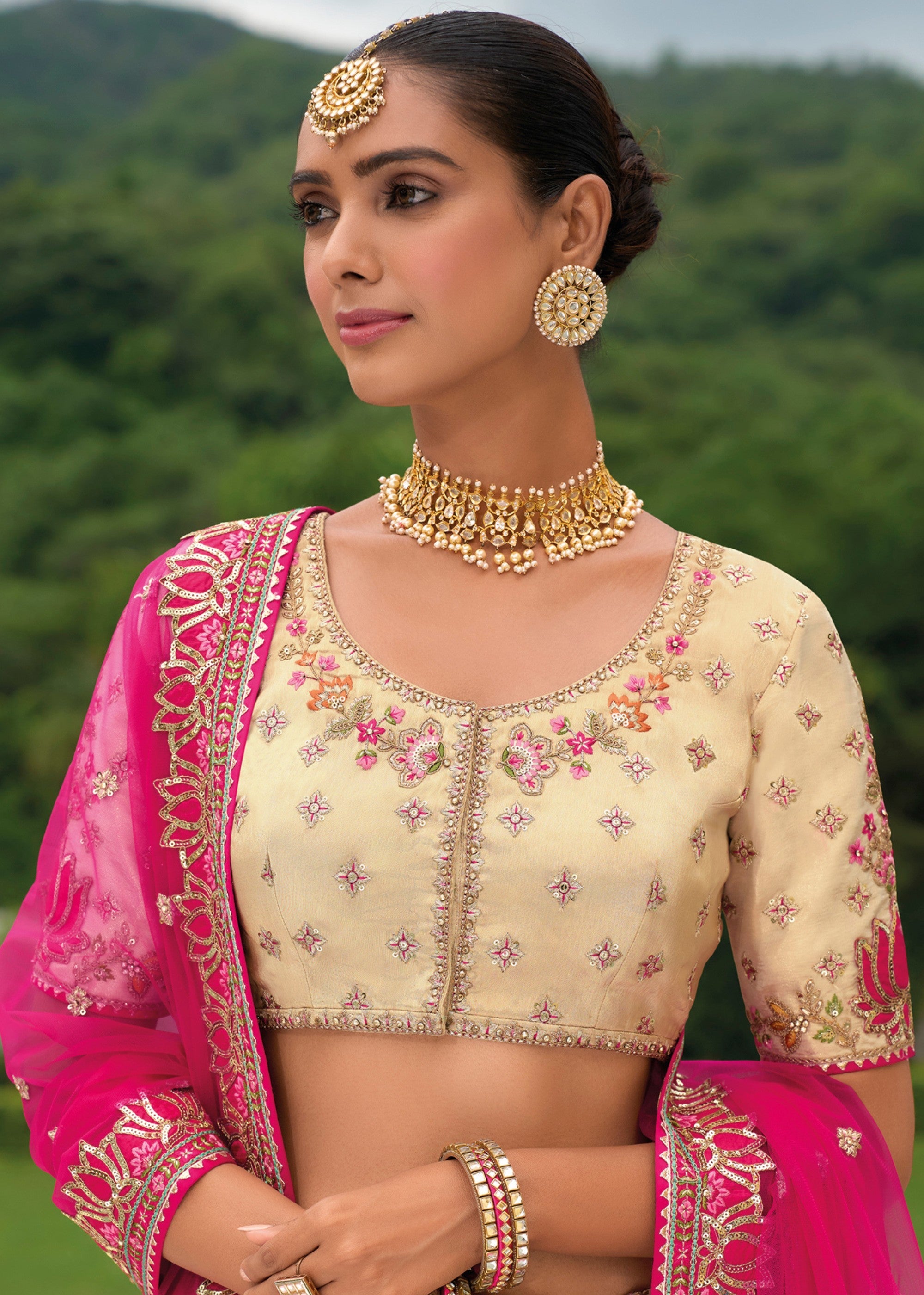 Off White And Pink Banarasi Silk Lehenga With Heavy Embroidery Work | Ready To Wear - qivii