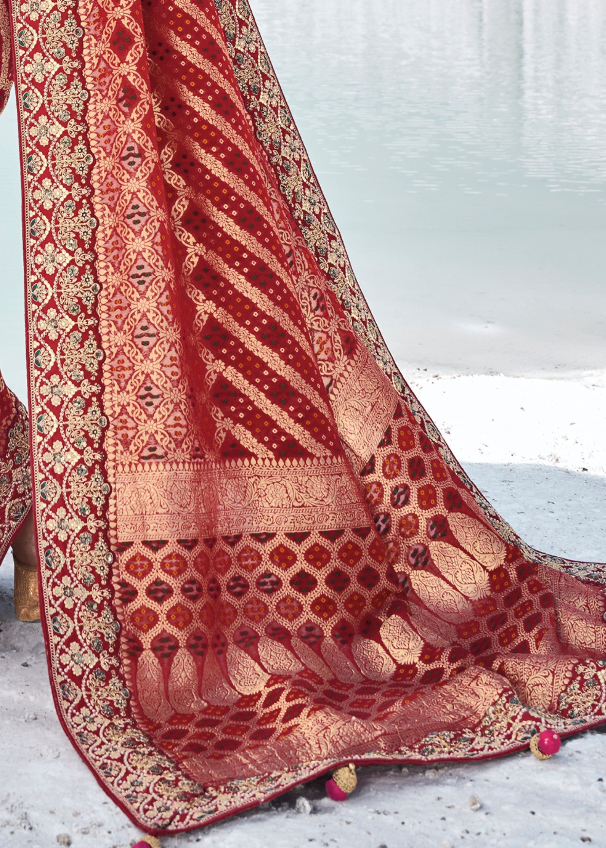 Maroon Pure Georgette Bandhani Patola With Zari Weaving Heavy Work Saree - qivii