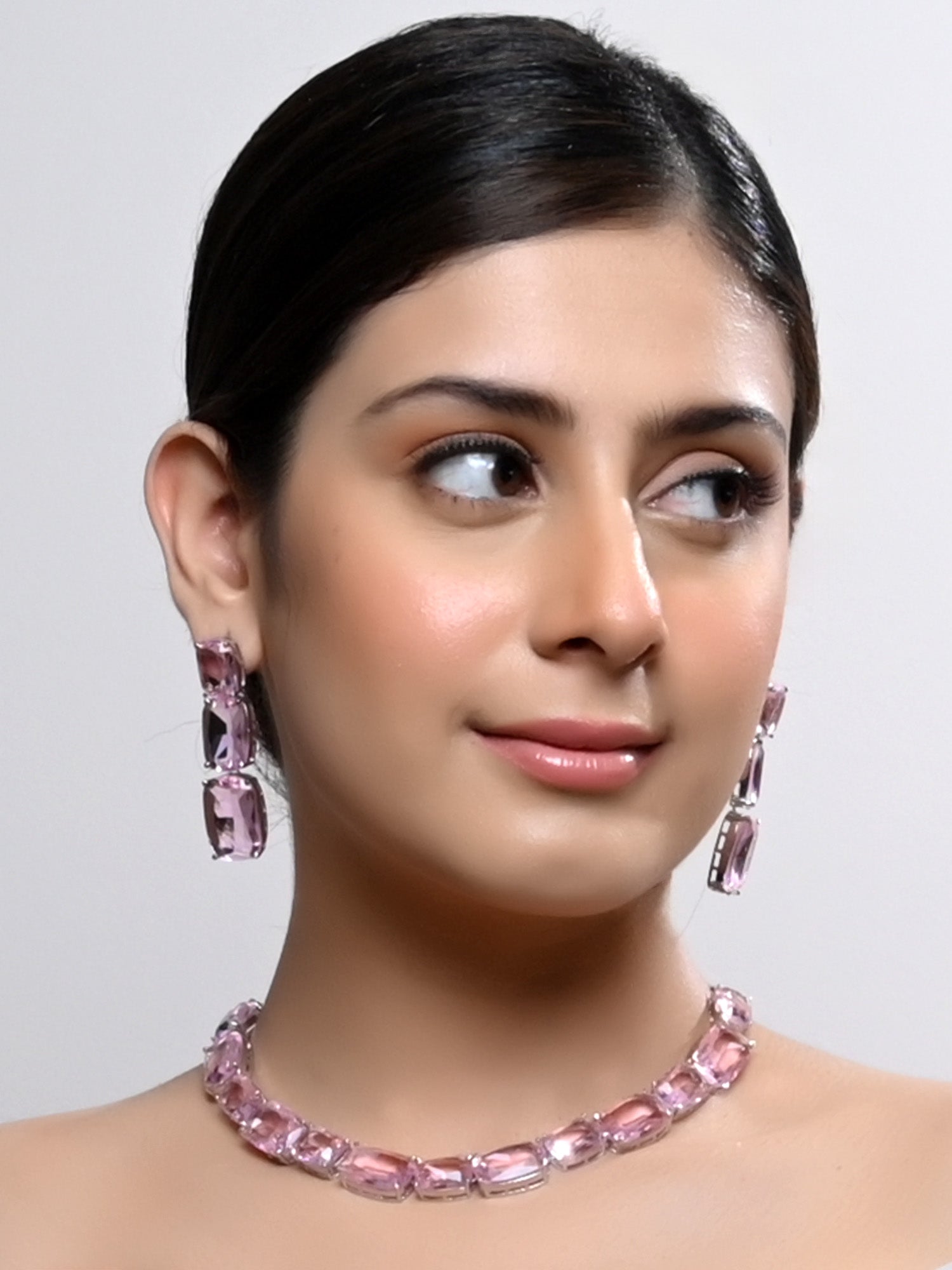 Heema Pink Swarovski Stone Necklace Set crafted with elegant silver plated brass metal