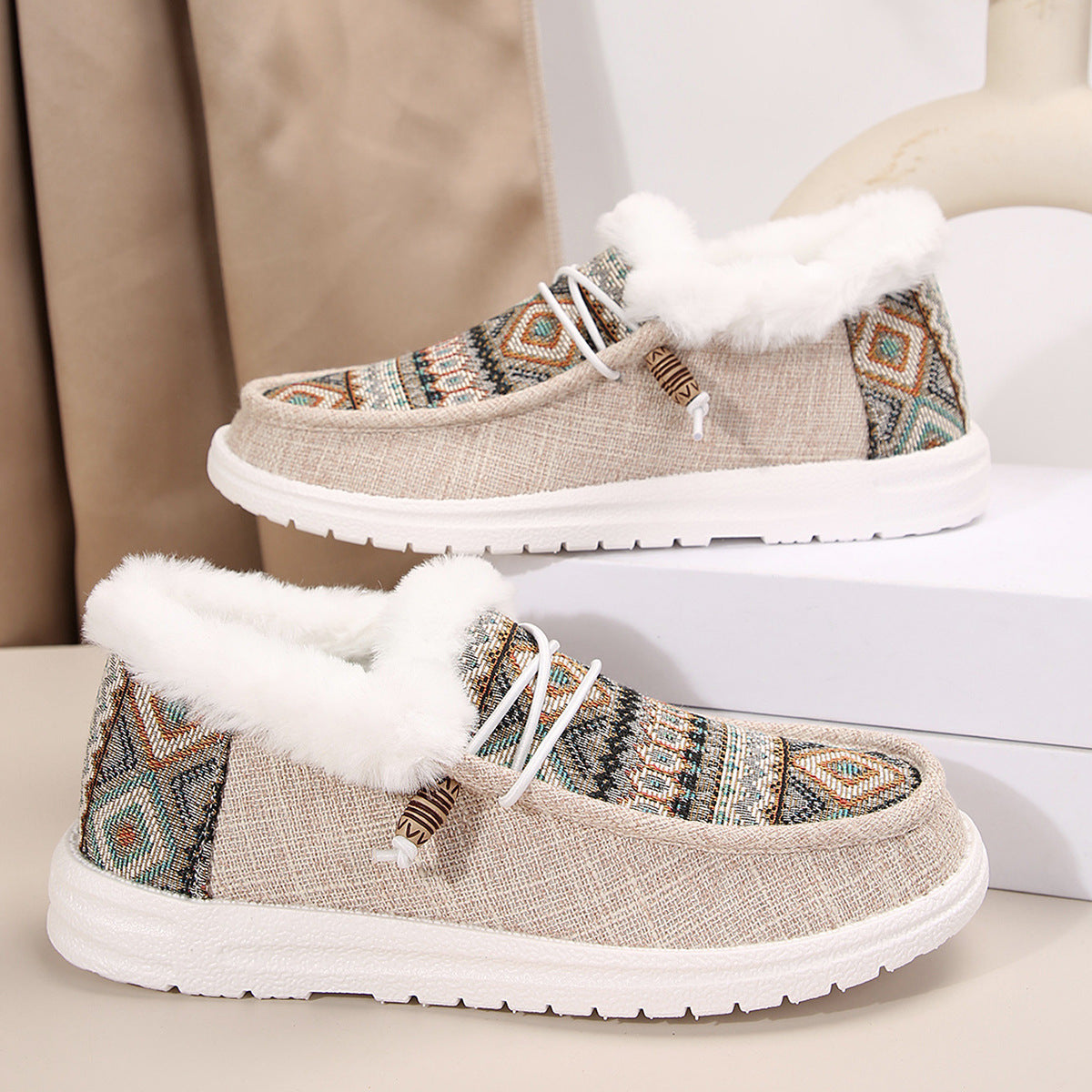 Women's Folklore Plush Flat Boots - Ethnic Print Lace-Up Winter Snow Shoes with Cozy Fleece Lining- US(5-10.5)