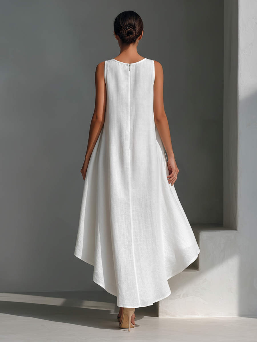 Women's White Linen Fabric Sleeveless Midi Dress With Round Neck & Asymmetric Hem MDZ0987B9T