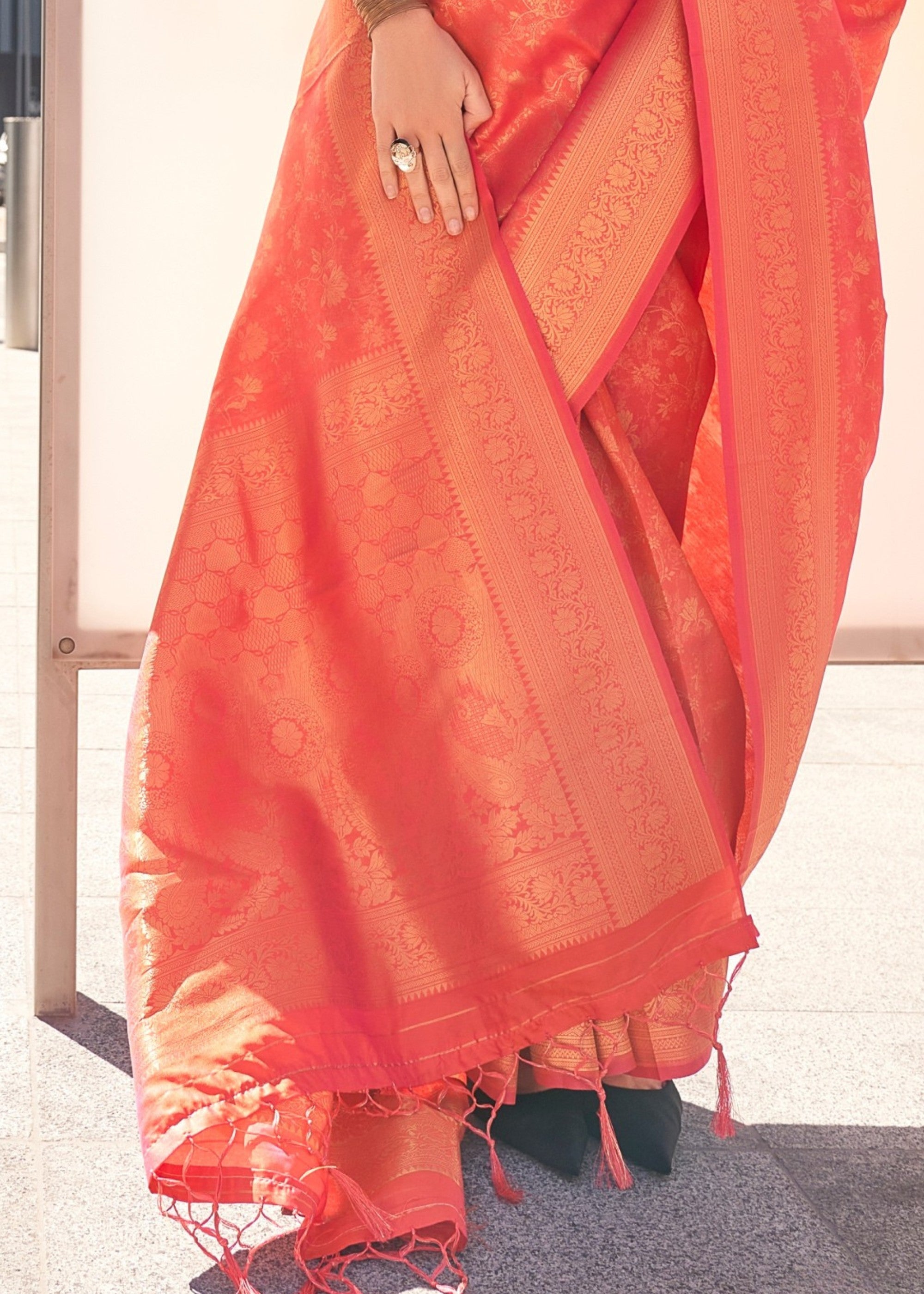 Peach Orange Handloom Weaving Saree - qivii