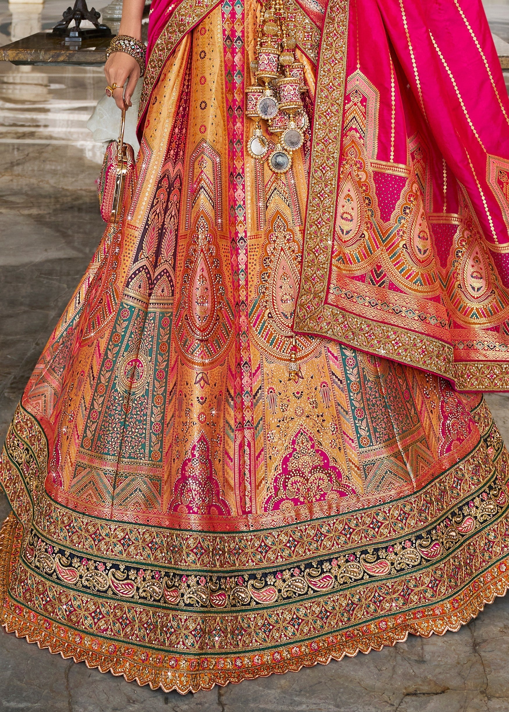 Dark Blue & Bright Pink Banarasi Silk Lehenga with Zarkan Codding work | Ready To Wear - qivii