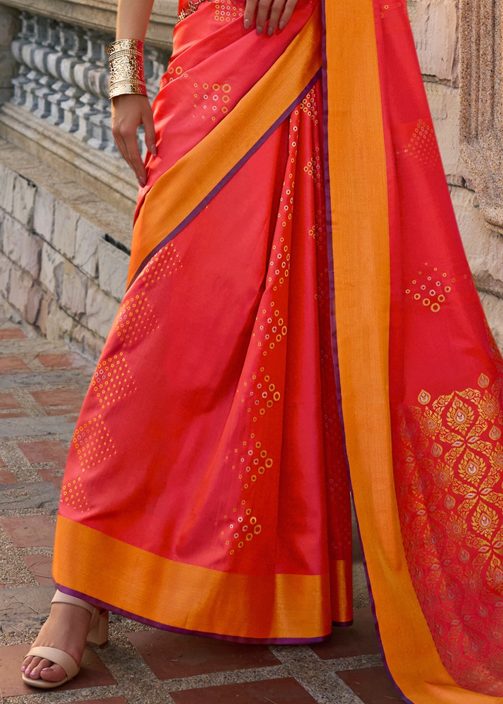 Orange Handloom Weaving Satin Silk Saree - qivii