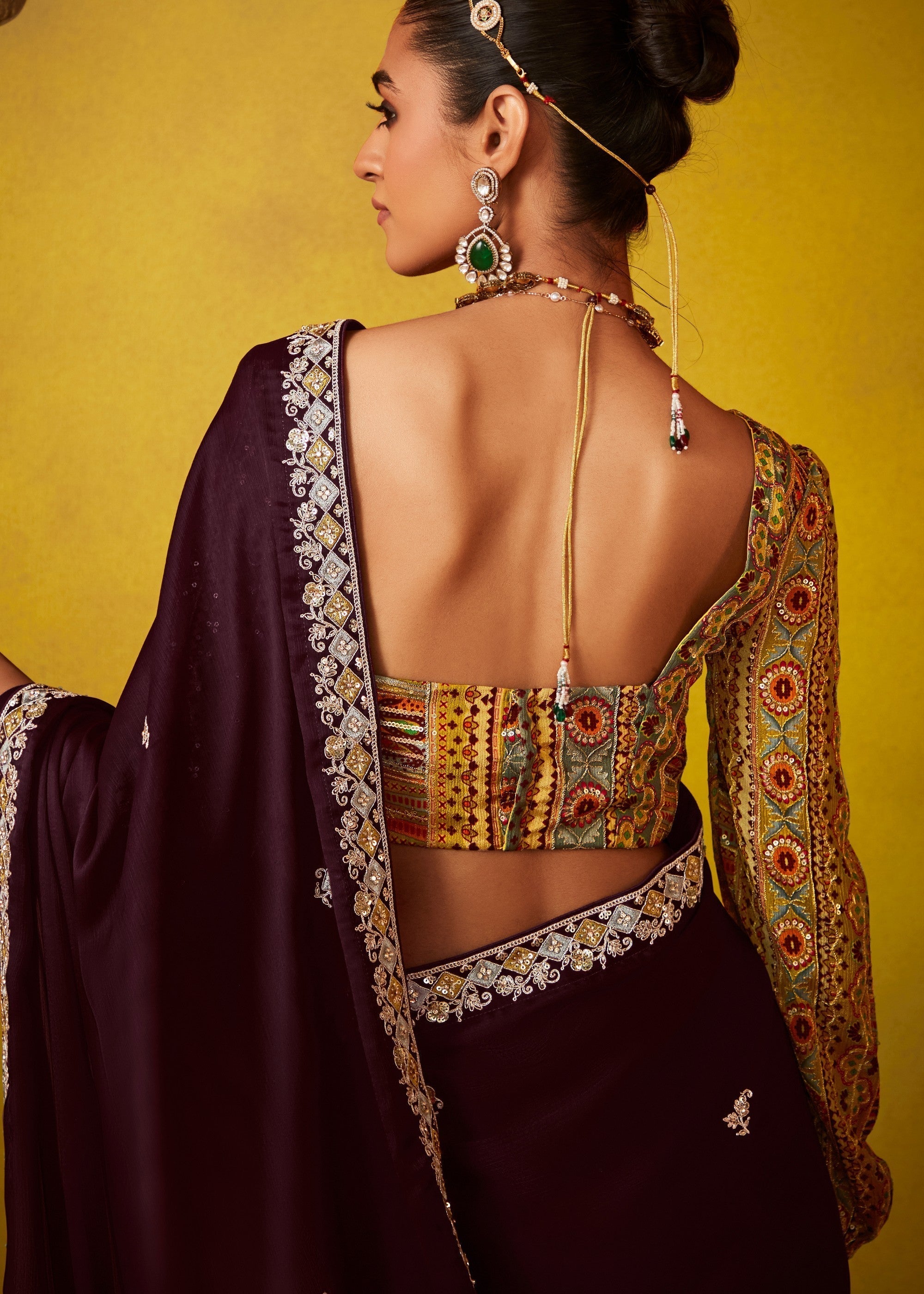 Mulberry Purple Glass Tissue Silk Saree With Sequins And Thread Embroidered Work - qivii