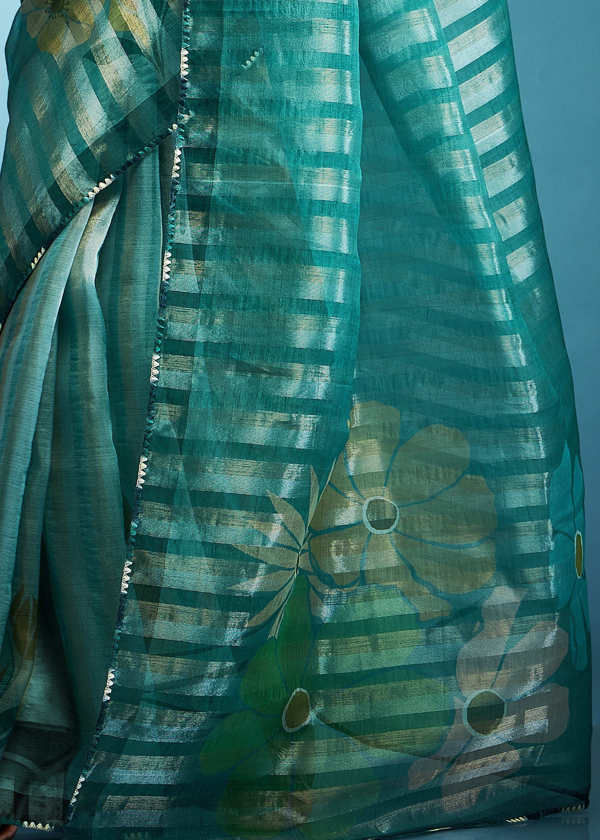 Jade Green Tissue Silk Saree With Floral Print - qivii