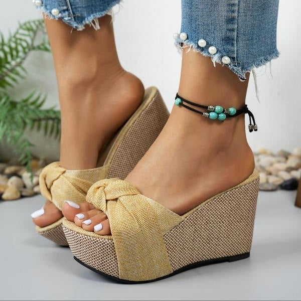 Women's Celeste Bow Peep-Toe Wedge Slide Sandals - Elegant Roman Summer Slides (US 4-10.5)