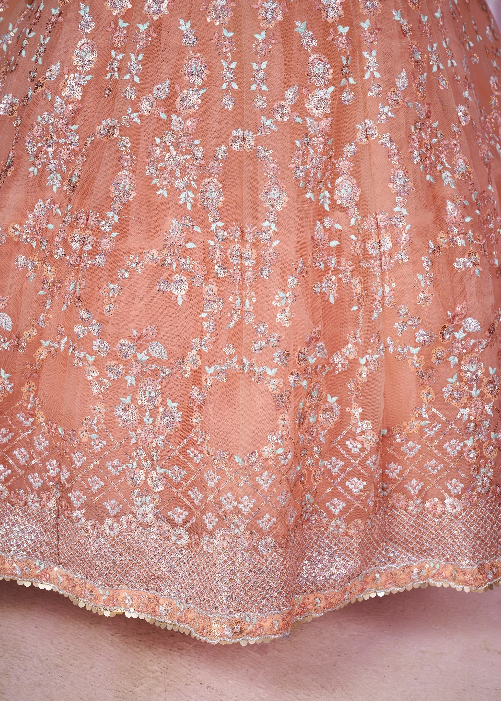 Peach Pink Net Lehenga Choli With Sequins And Thread Embroidery Work | Ready To Wear - qivii