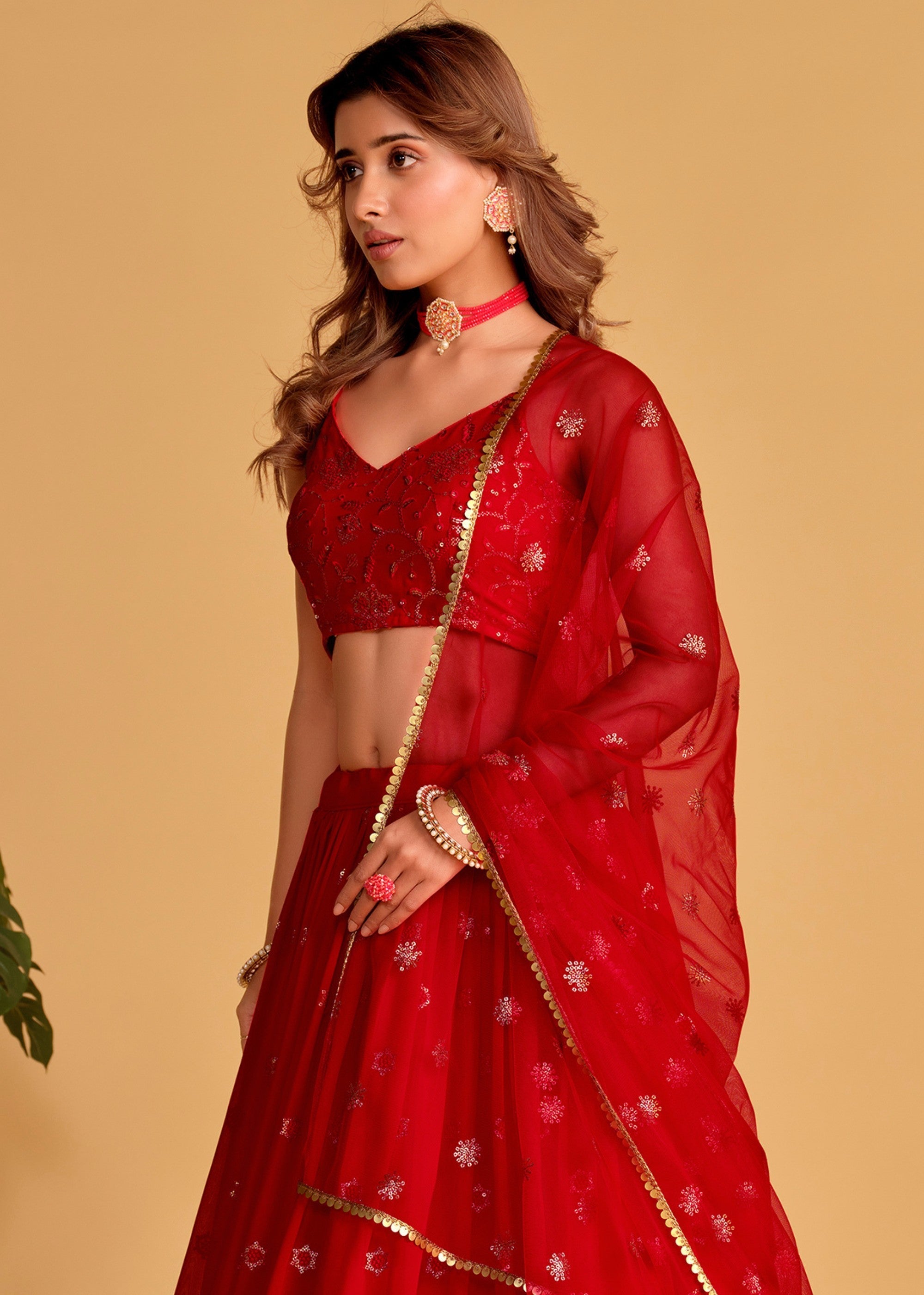 Crimson Red Georgette Lehenga Choli With Sequins Zari Embroidered Work | Ready To Wear - qivii