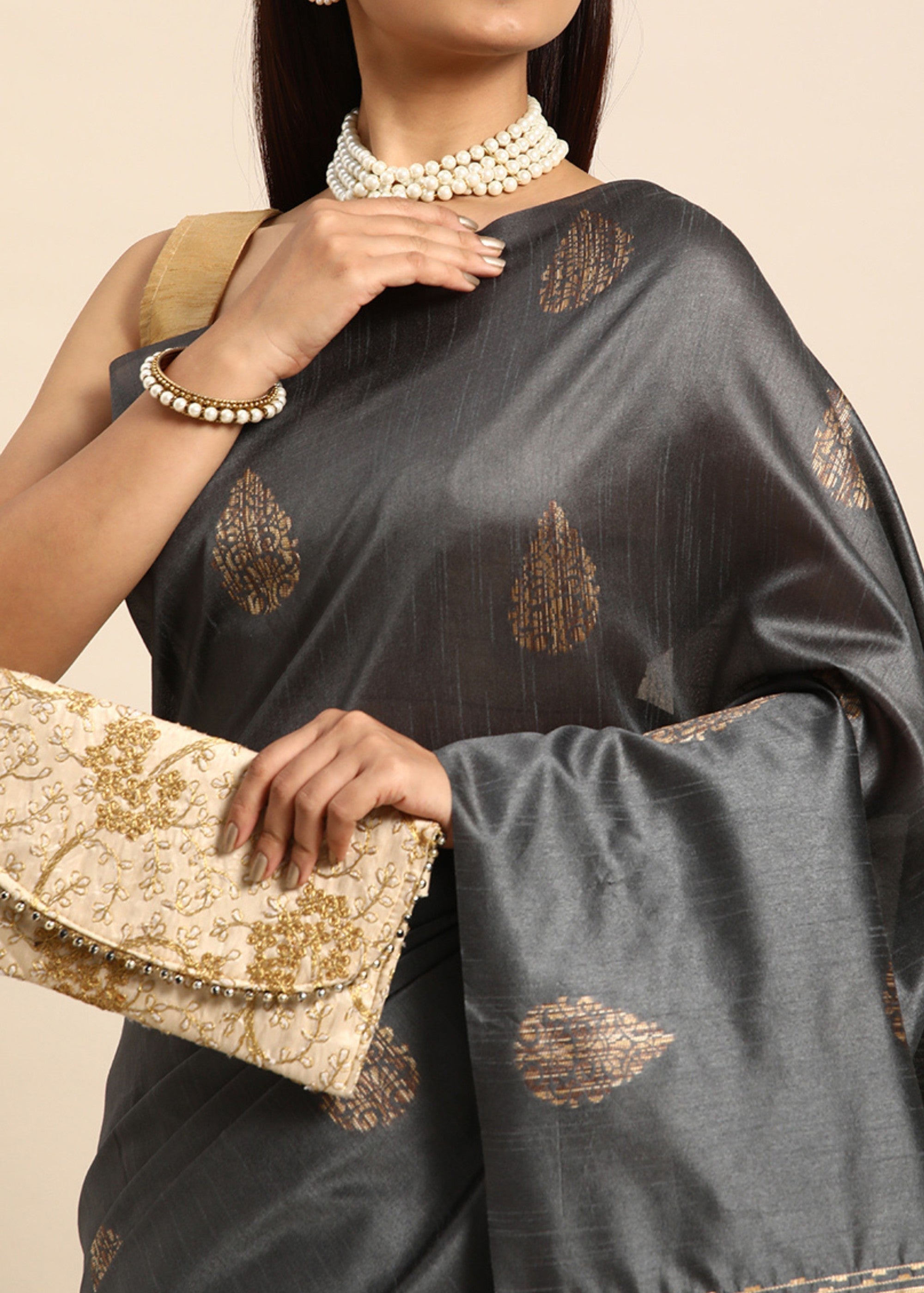 Shadow Grey Woven Handloom Raw Silk Saree - qivii
