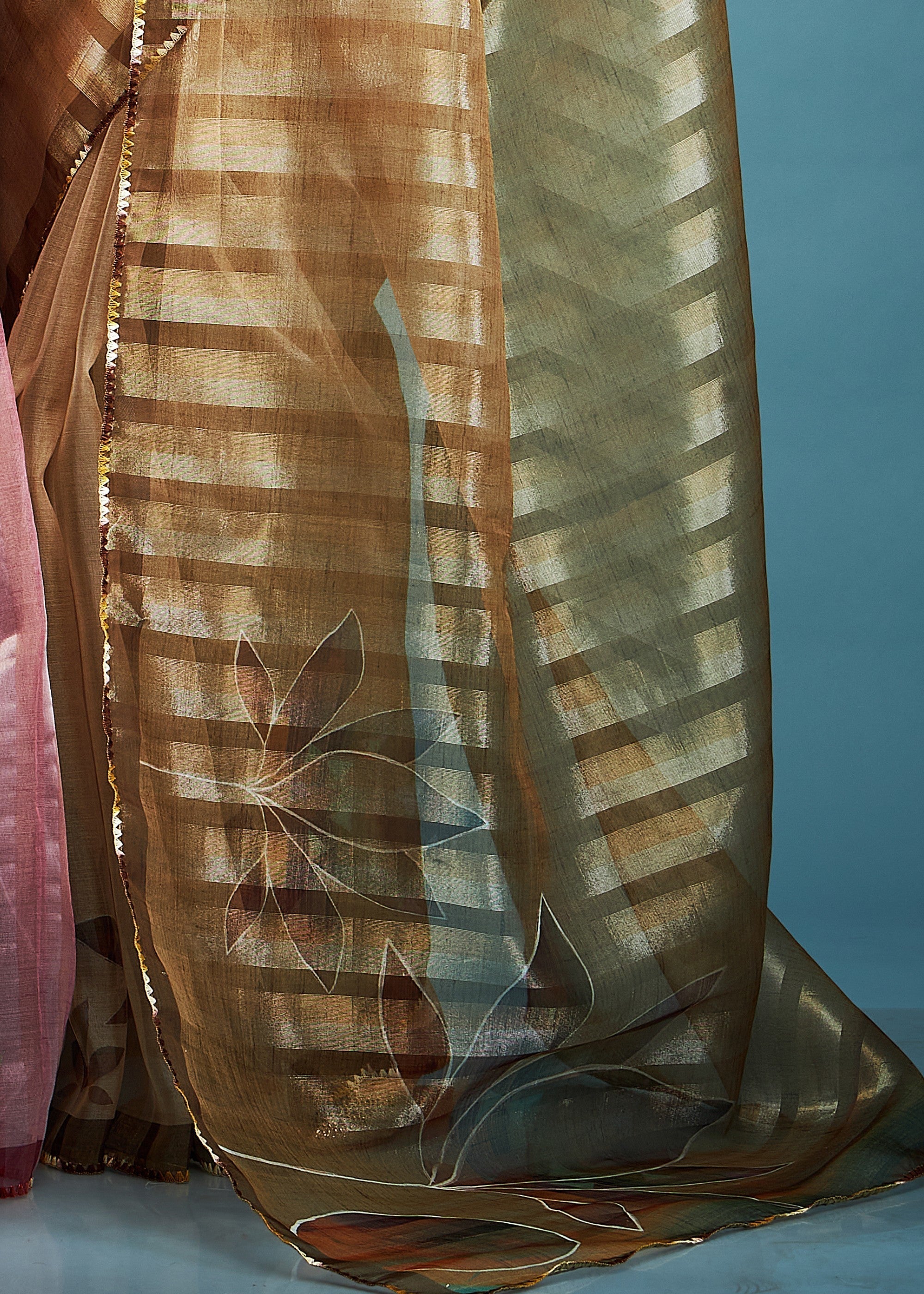 Olive Green Tissue Silk Saree With Floral Print - qivii