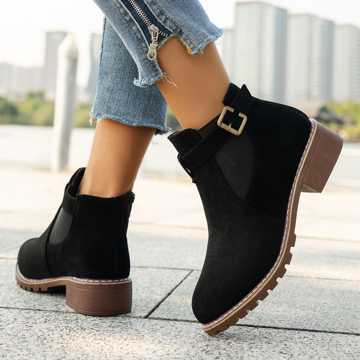 Women's Plus Size Suede Platform Martin Ankle Boots with Belt Buckle Details