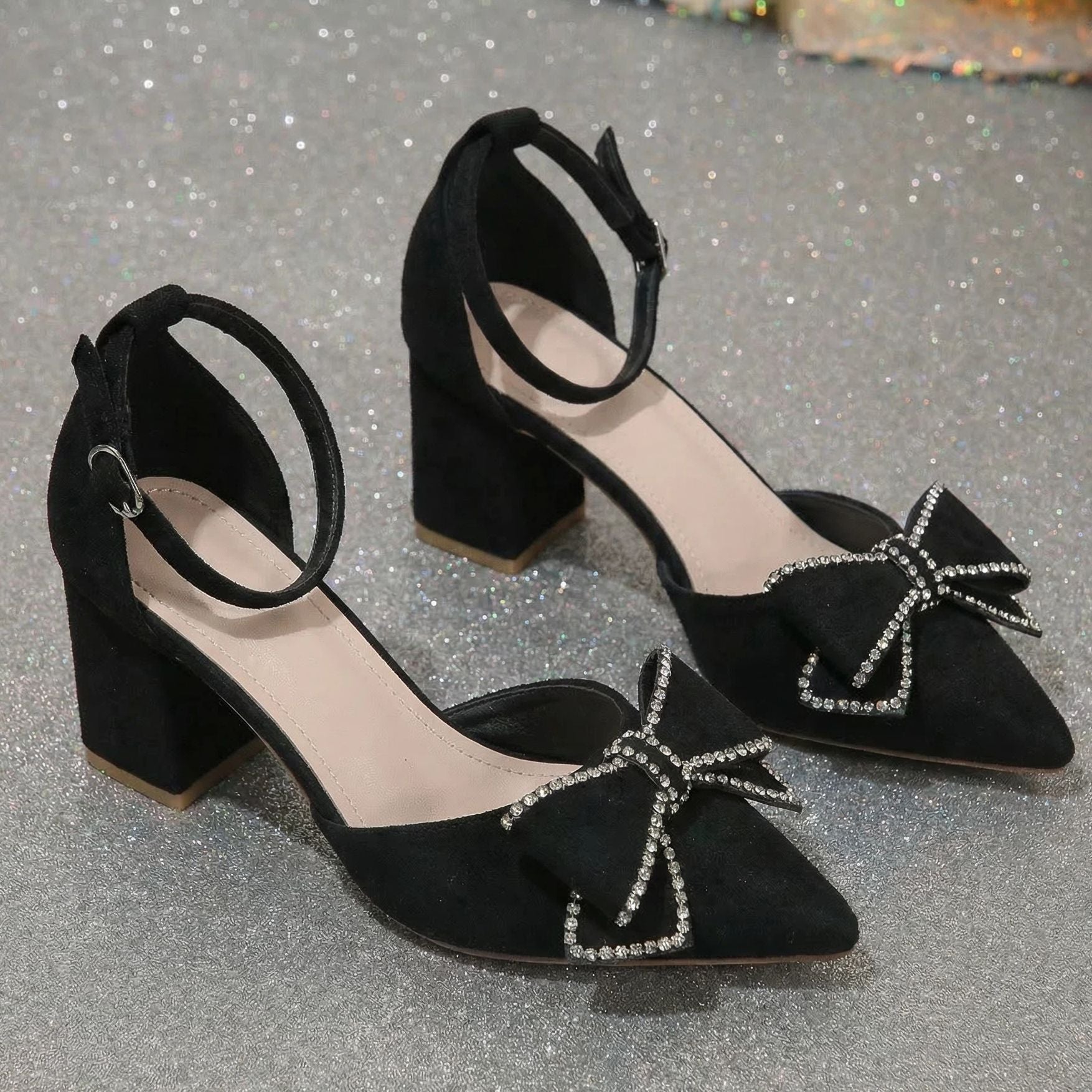 Women’s Bowelle Crystal Pointed Toe Buckle Heels – Hollow Closed Toe Bow High Heels (US 5–10.5)