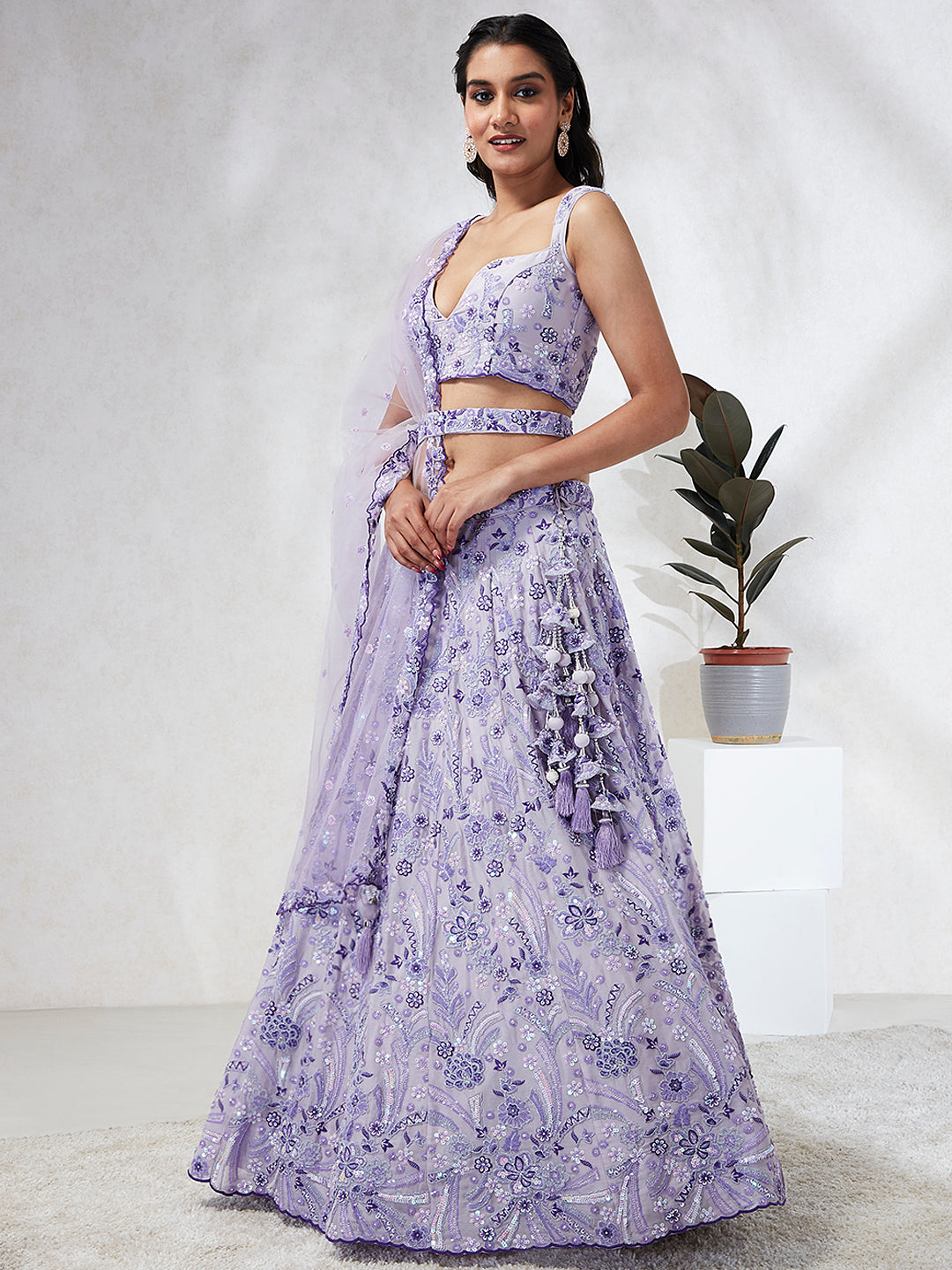 Lavender - Georgette Sequins and thread embroidery Semi-Stitched Lehenga choli - qivii
