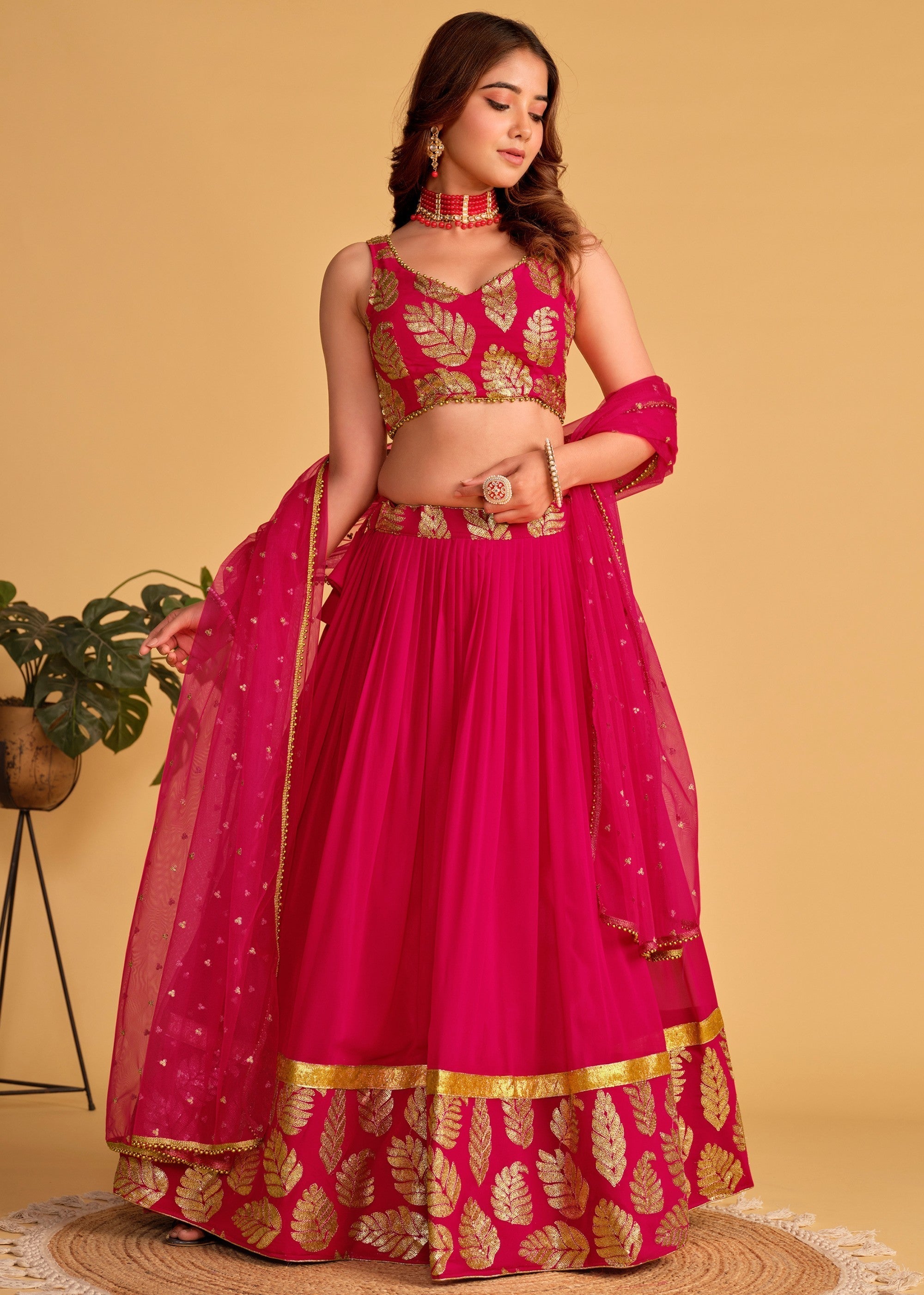 Cerise Pink Georgette Lehenga Choli With Sequins Zari Embroidered Work | Ready To Wear - qivii