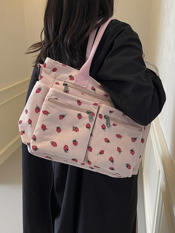 Women's Corduroy Cherry Print Tote Bag – Versatile Women's Strawberry Shoulder & Crossbody Large Capacity Mommy Bag