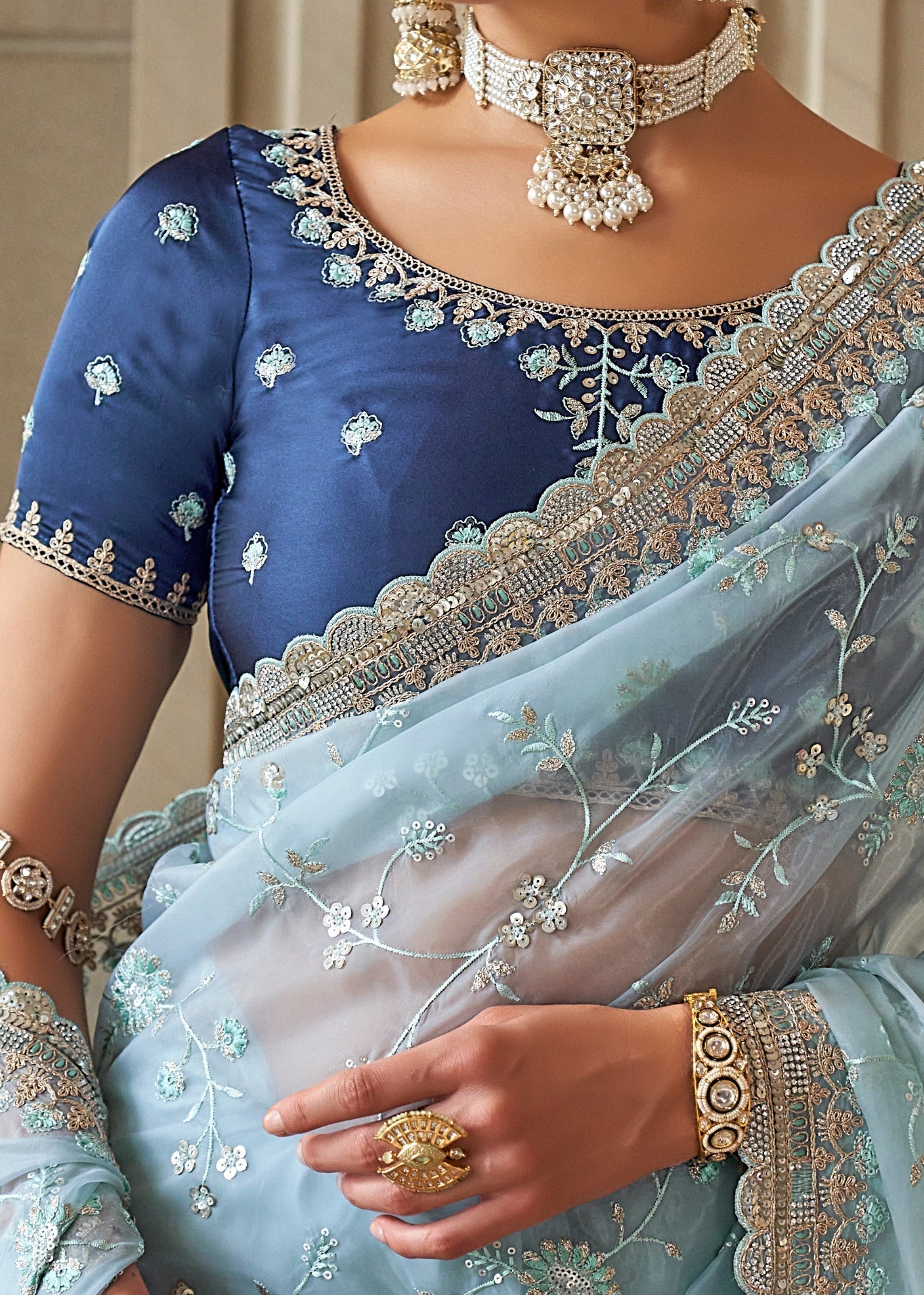 Sky Blue Fancy Tissue Saree With Unique Work And Designer Blouse - qivii