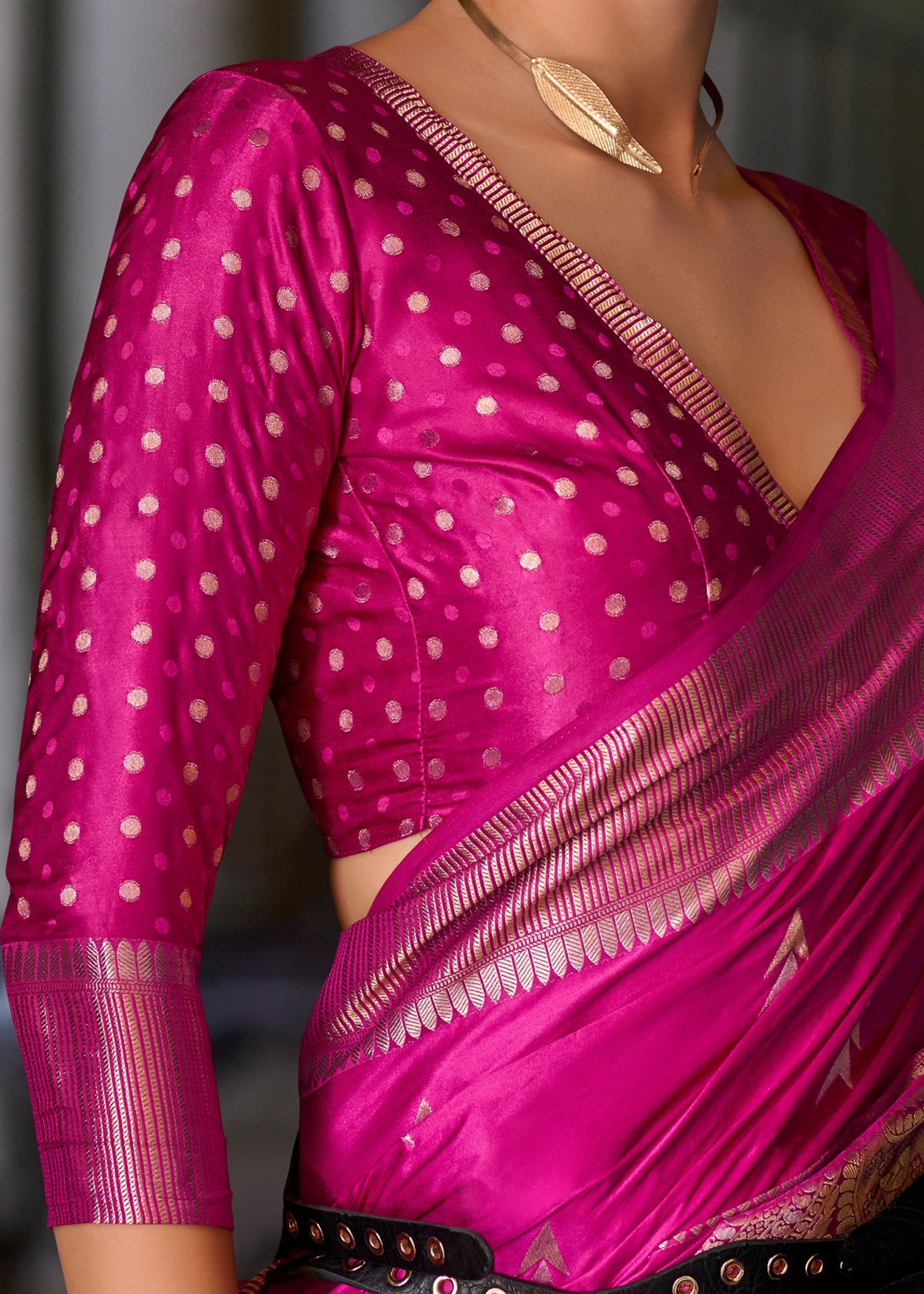 Fuscia Pink Satin Mungha Silk Saree - qivii